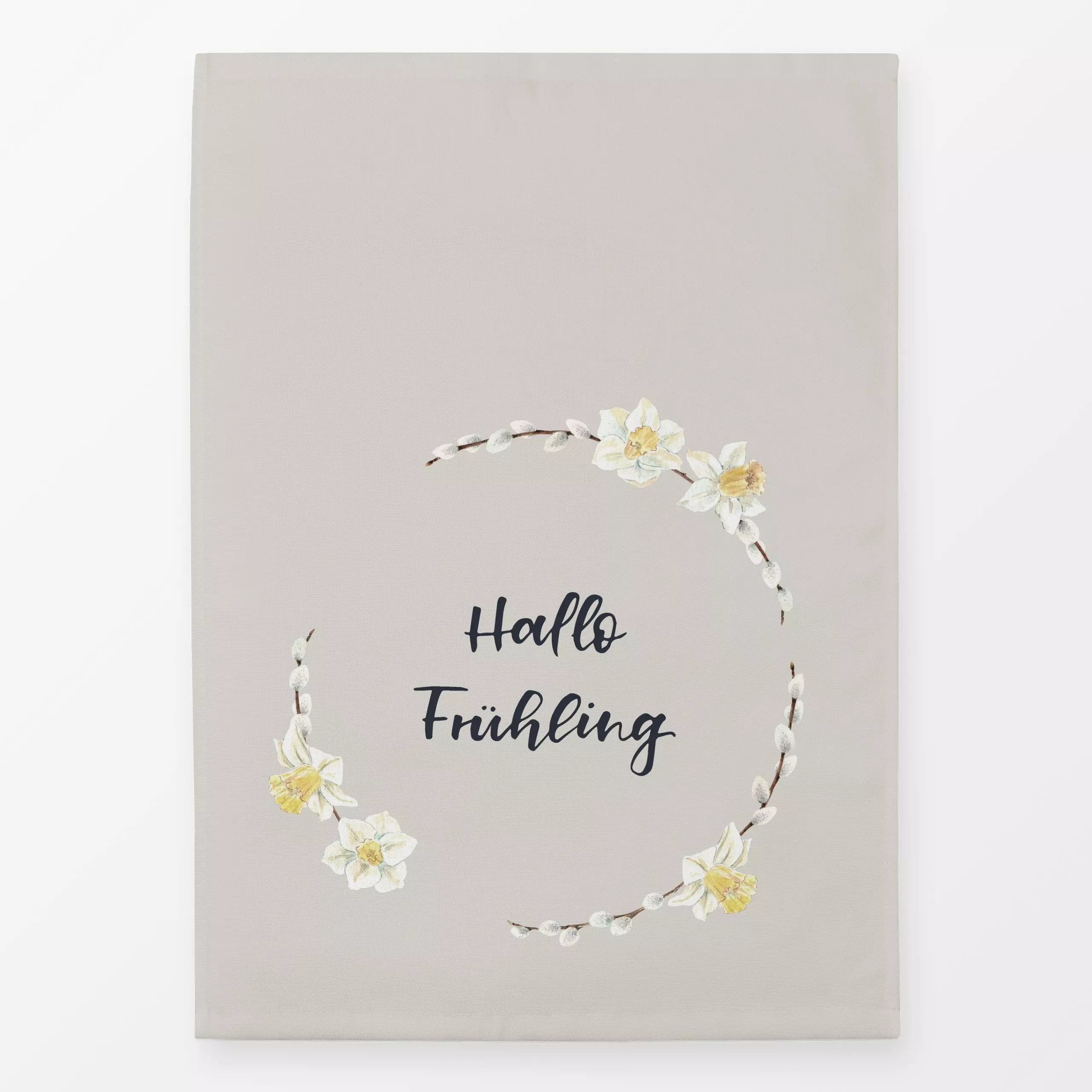 Geschirrtücher Hallo Frühling Kranz beige - Blumen & Florales, Frühling - von „Katrin Graff"; Sand, Ostern, Lettering, sprin...
