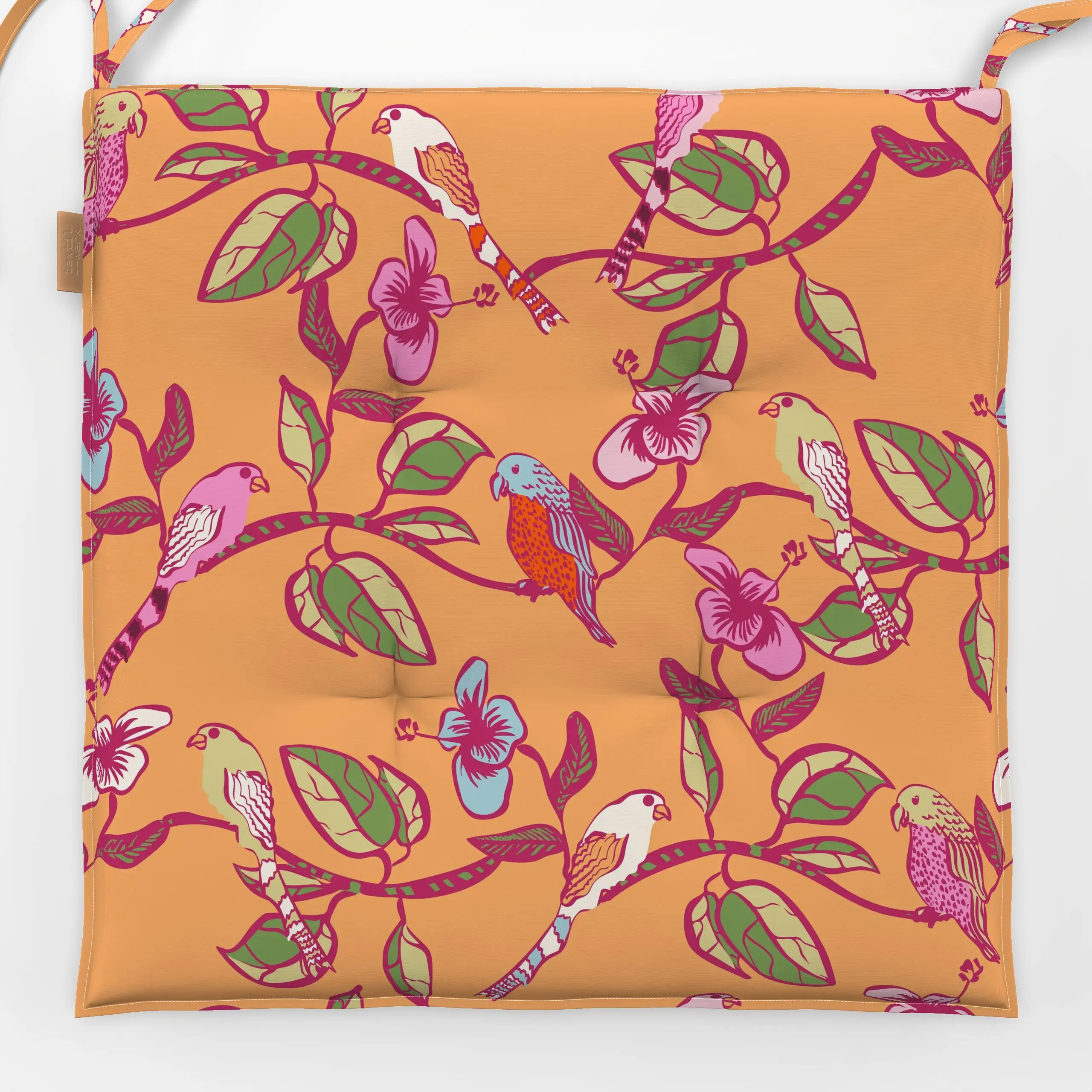 Sitzkissen Bunte Vögel Orange - Frühling, Tiere, Symbole & Muster - von „Patries Elisabeth"; Blüten, floral, pink, farbenfro...