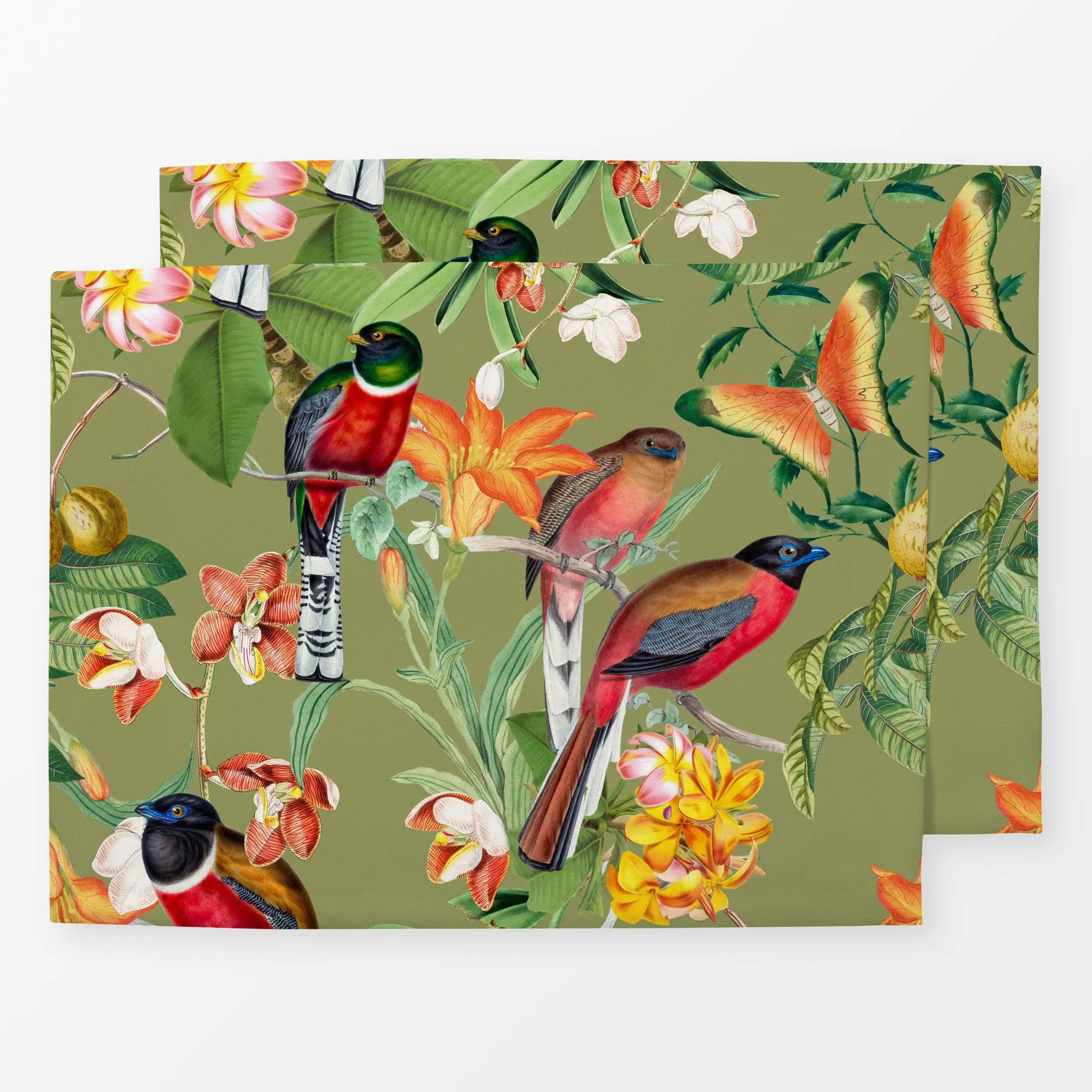 Tischset Bunte tropische Vögel grün - Sommer, Safari & Dschungel - von „Uta Naumann"; Natur, Sommerblumen, Dschungle, Vogel,...