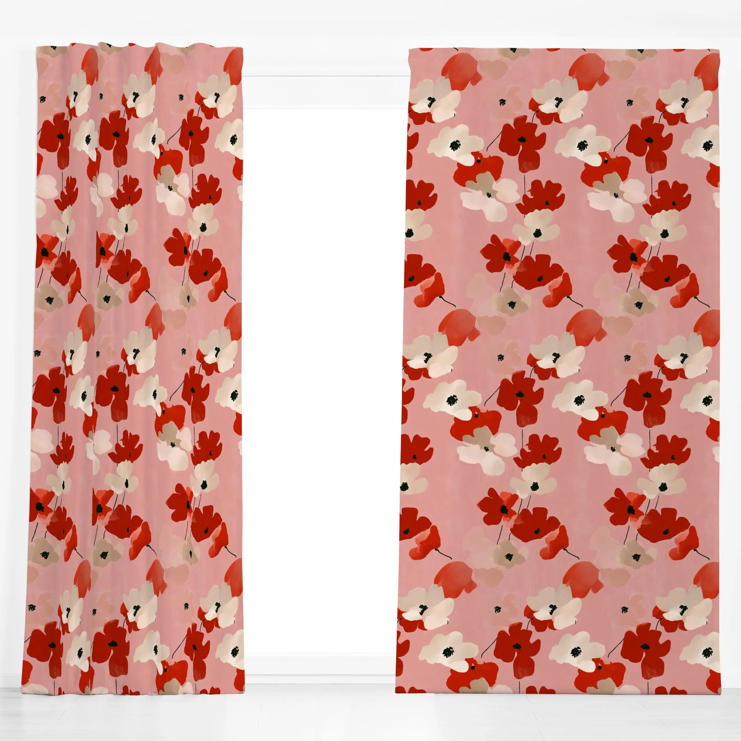 Dekovorhang Red And White Flowers - Blumen & Florales - von „BOUDOIR BOBO"; Muster, Blumen, Mohn, Sommerblumen, flower, red,...