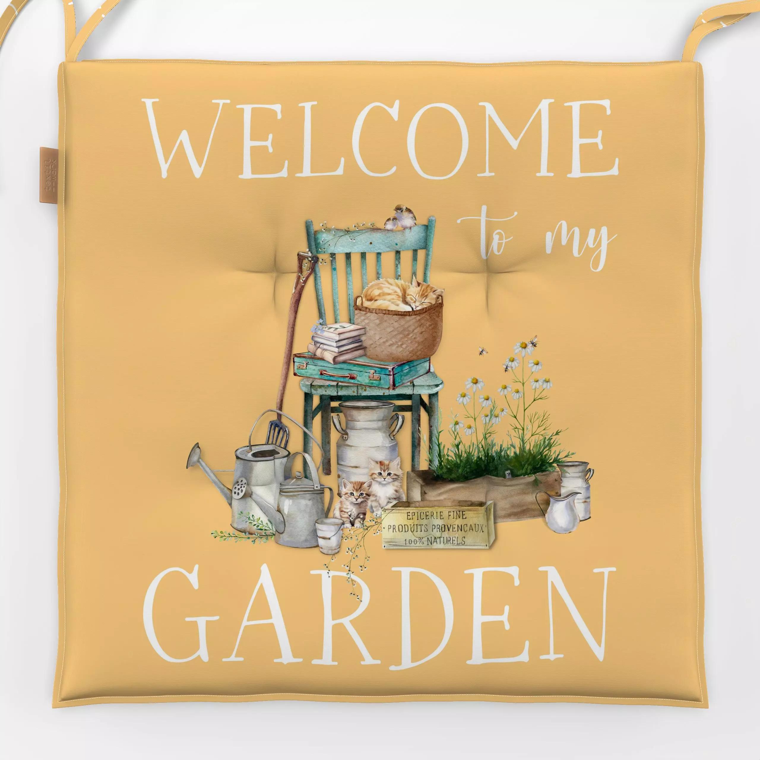 Sitzkissen Cottage Summer Welcome Yellow - Blumen & Florales, Sommer, Sprüche & Schriftzüge - von „Monika Strigel"; Garten, ...