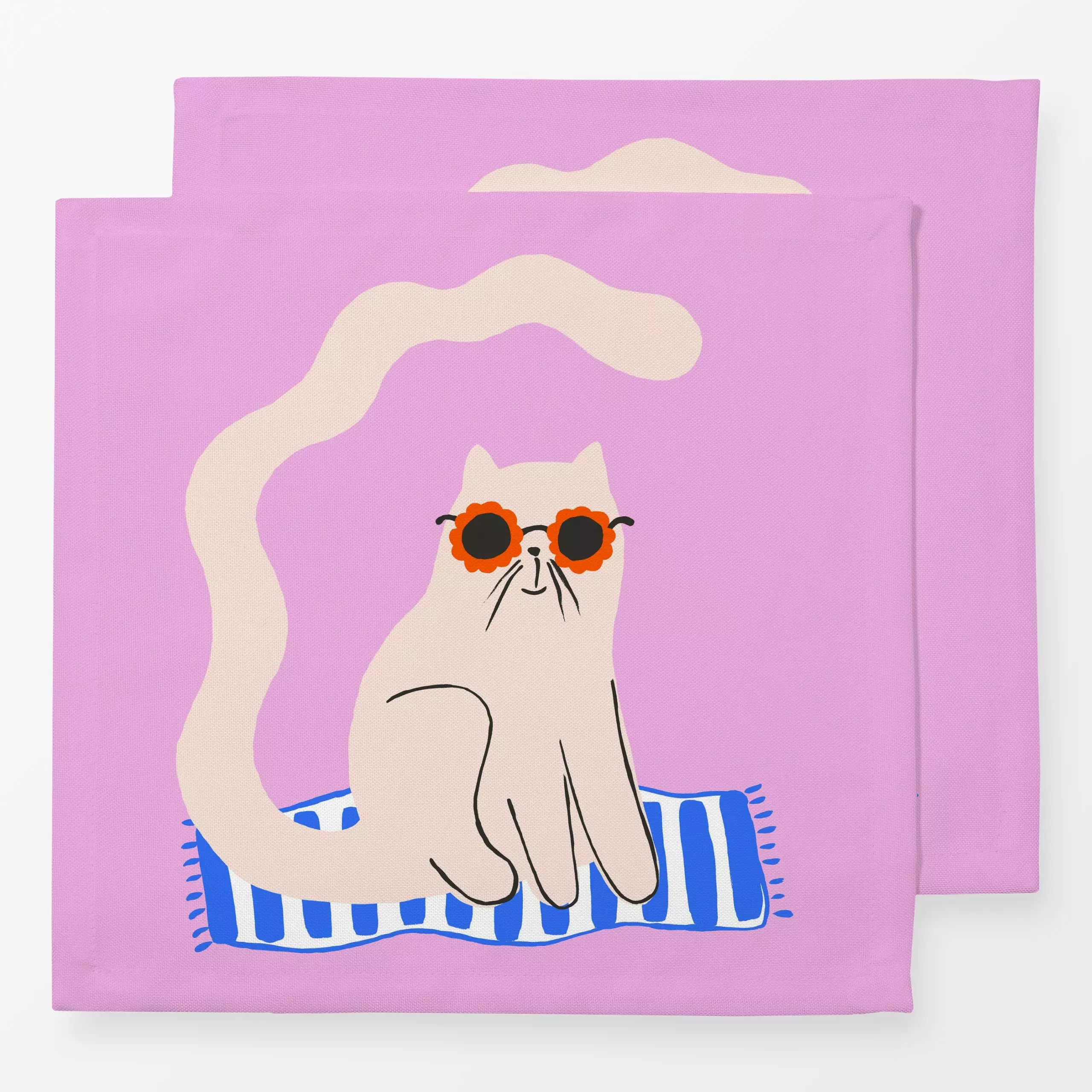 Servietten Katze am Strand - Sommer, Tiere - von „Julia Schumacher"; Cozy, beige, pink, rot, Cat, gestreift, smile, Sonnenbr...
