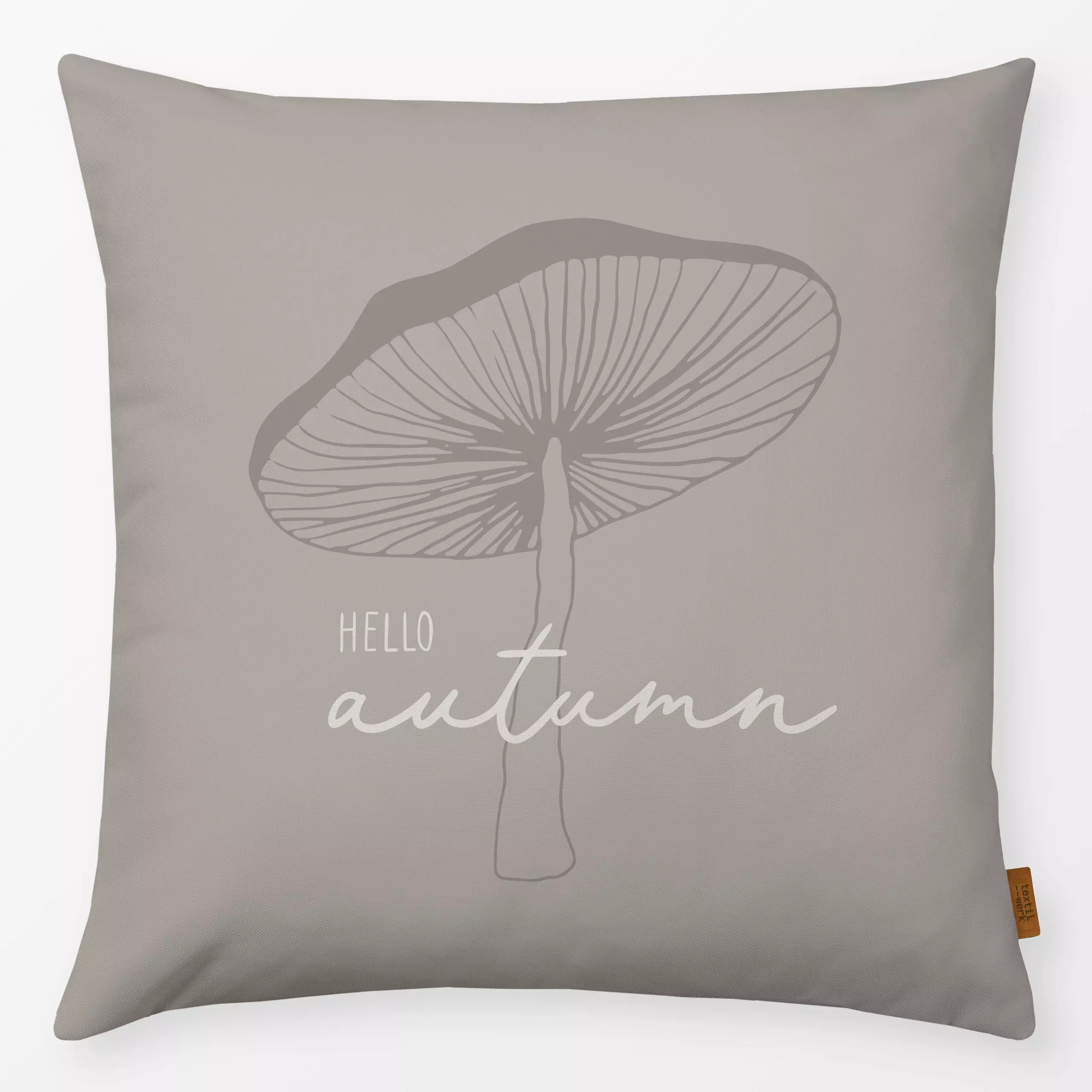 Kissen Hello Autumn Mushroom - Herbst - von „Carolin Vonhoff"; beige, Herbst, schrift, pilze, warm, typo, hello, autumn, hel...