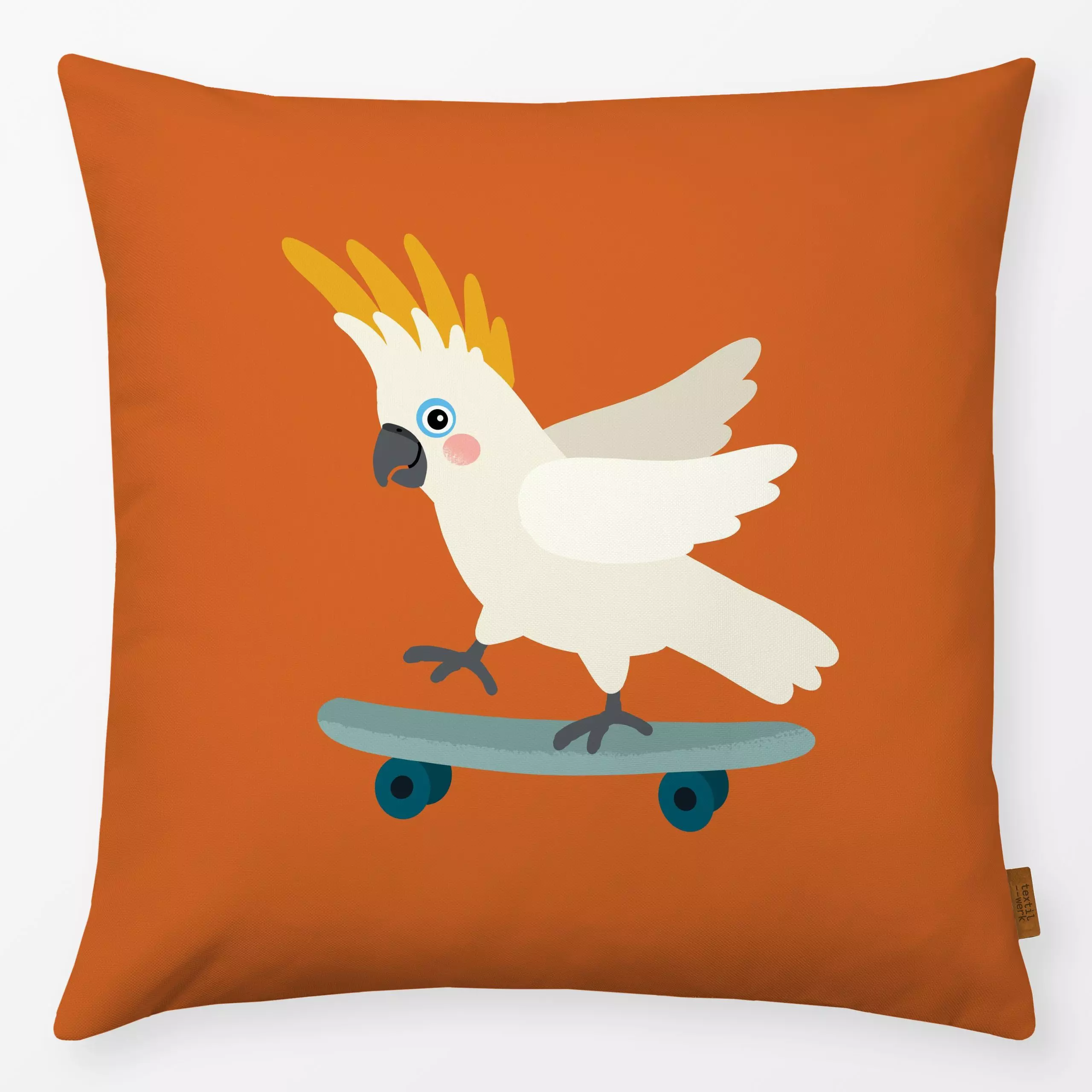 Kissen Kakadu mit Skateboard - Kinderzimmer & Motive für Kinder, Sommer, Tiere - von „Julia Reyelt"; Vogel, Papagei, Kakadu,...