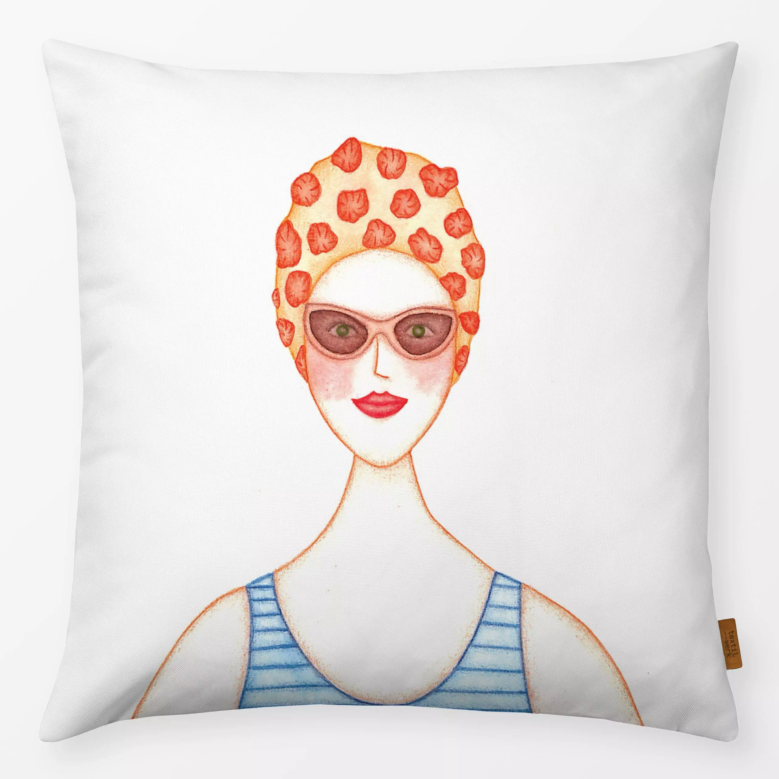 Kissen Badekappe - von „ask a duck"; Zeichnung, Meer, Schwimmen, pool, bunt, portrait, Frau, baden, schwimmerin, badekappe