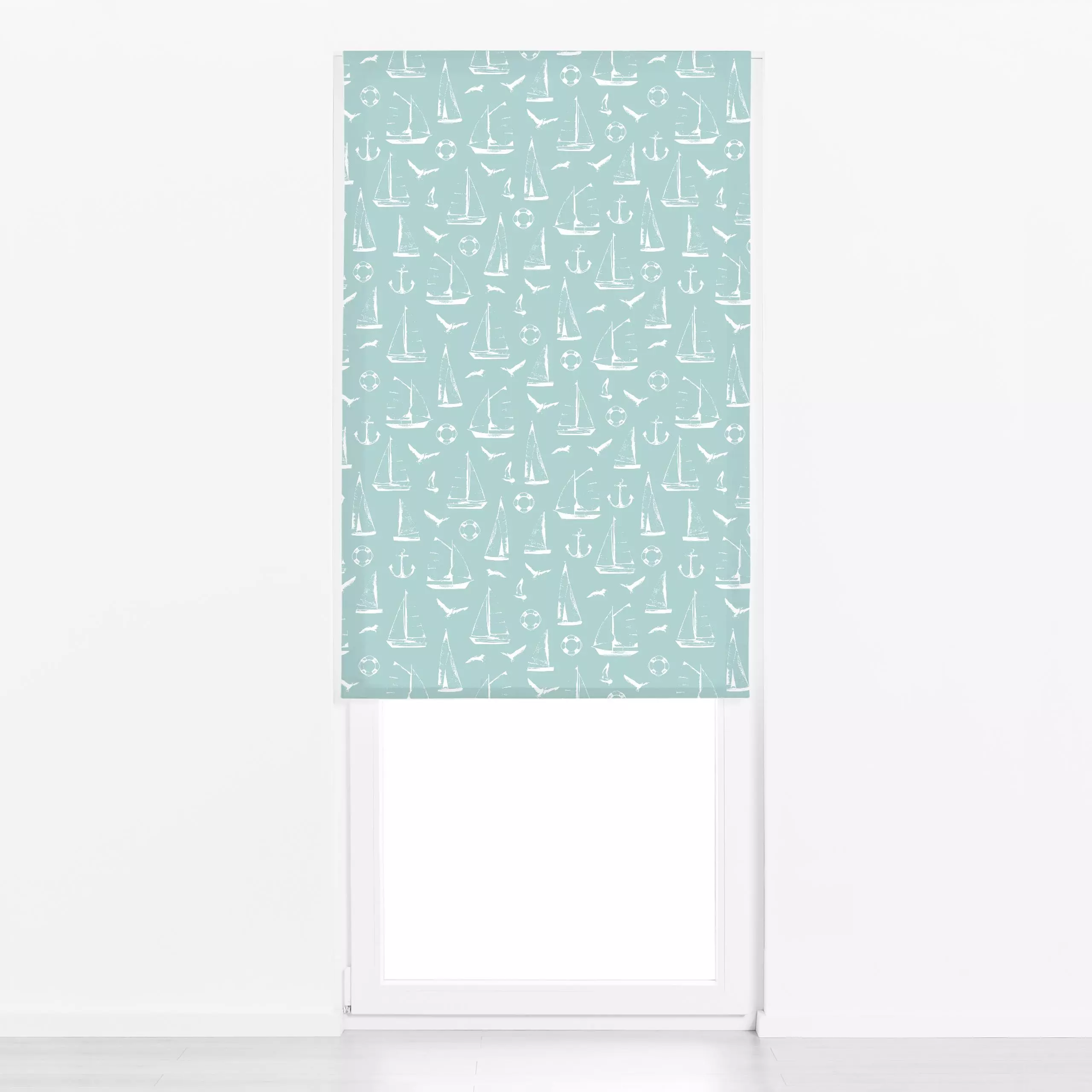 Raffrollo Segelboot Silhouetten Türkis - Natur & Landschaft - von „Katrin Graff"; Möve, Urlaub, maritim, Segelboot, Sommerli...