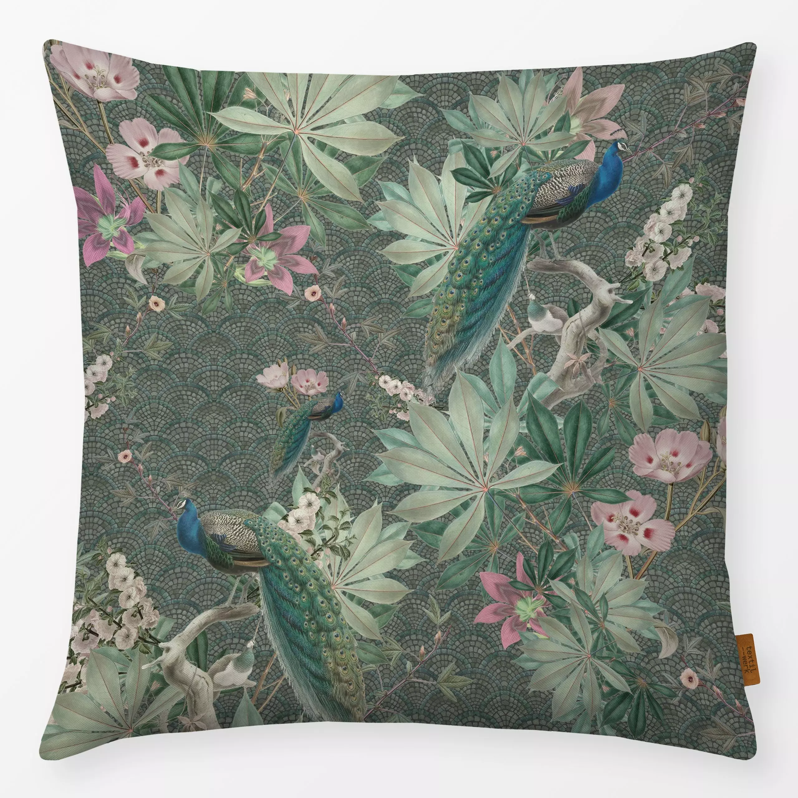 Kissen Peacock botanical garden - Tiere, Pflanzen & Botanik, Retro & Vintage - von „Bloomery Decor"; Blätter, Pfau, Botanisc...