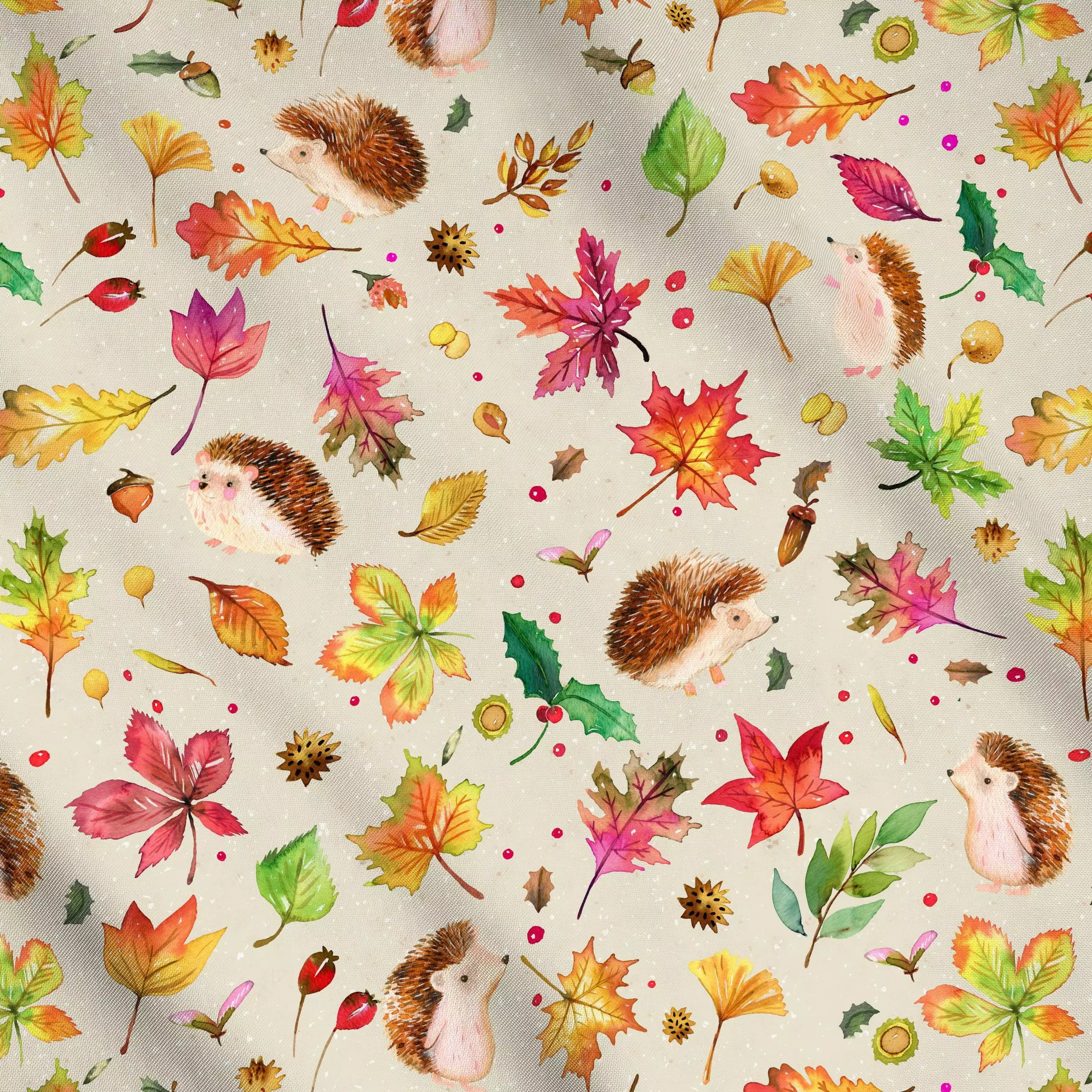 Meterware Igel Herbst Blätter - Herbst, Tiere, Pflanzen & Botanik - von „Ninola Design "; Muster, Aquarell, Blätter, Wald, I...