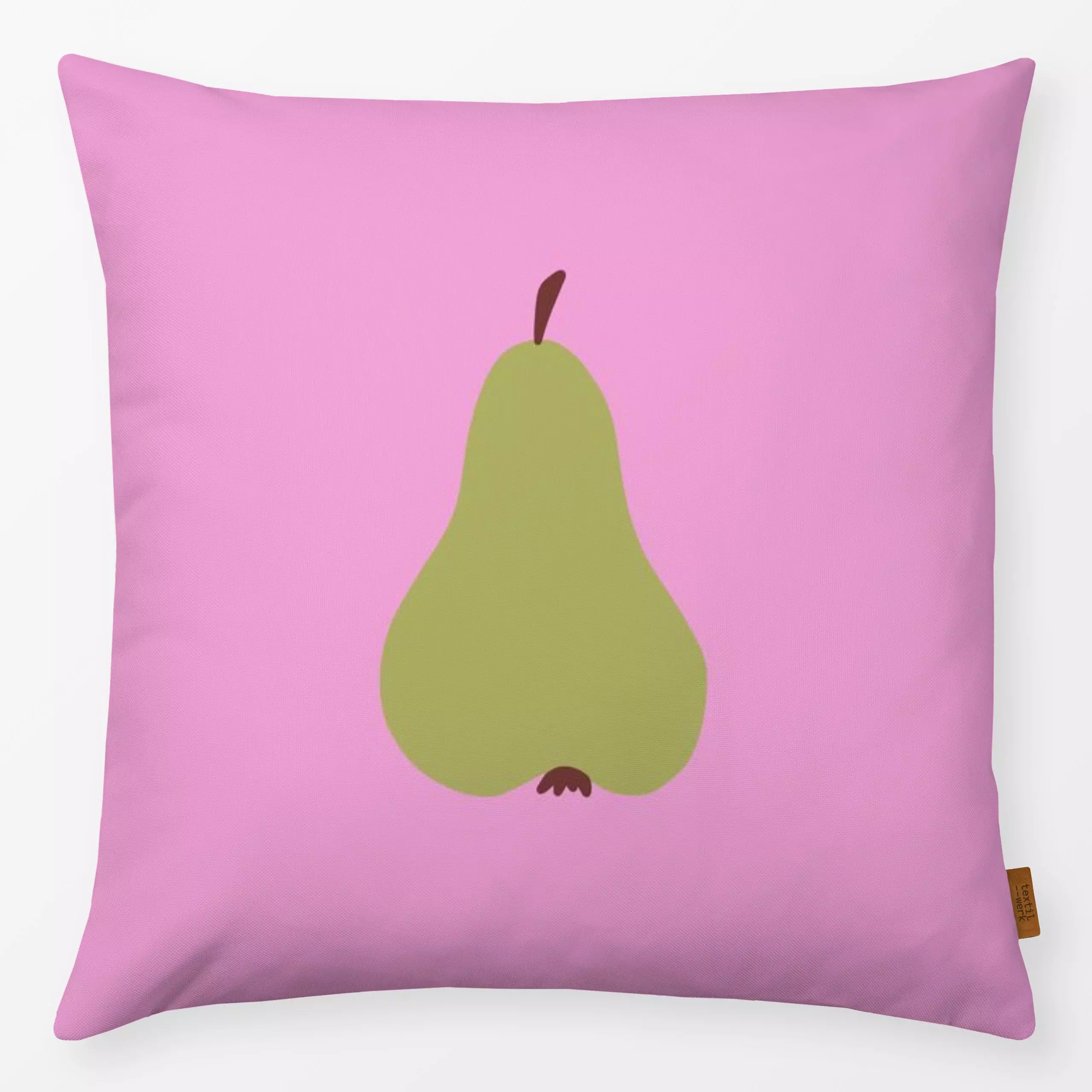 Kissen Birne auf pink - Herbst, Früchte - von „Andrea Liesert"; Obst, Retro, Garten, Birne, Hygge, Ernte, Schrebergarten, Bi...