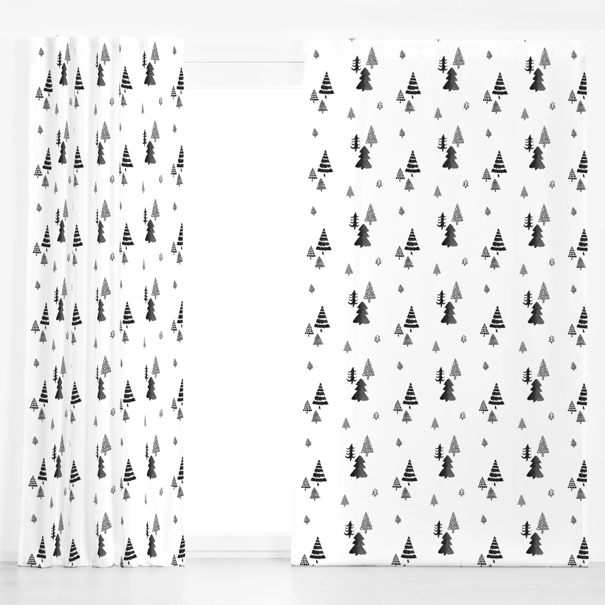 Dekovorhang Tannenwald - schwarz/weiß - Weihnachten, Winter - von „Sabrina Ziegenhorn"; Aquarell, Wald, Tannenbaum, Weihnach...