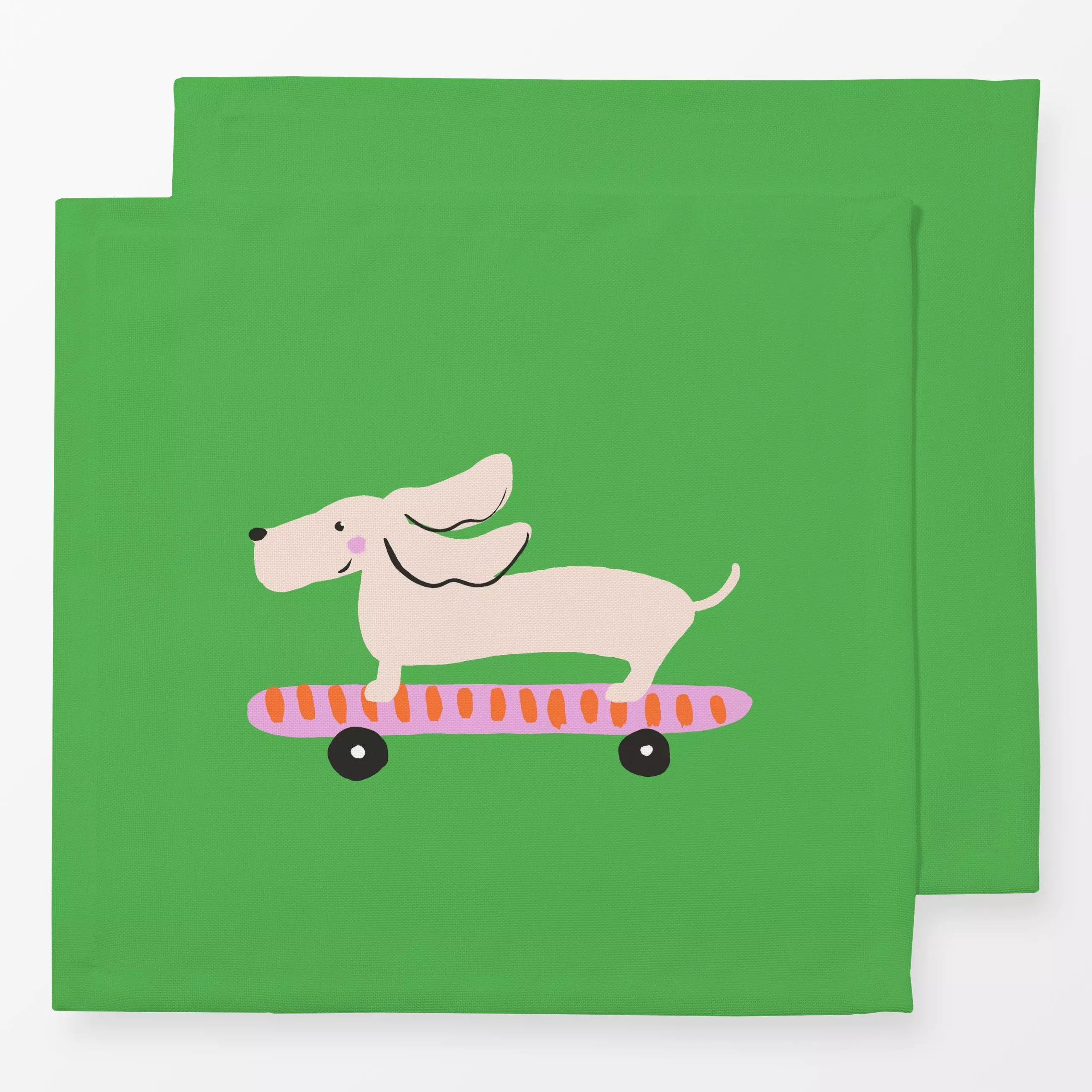 Servietten Dackel auf Skateboard - Sommer, Sport, Tiere - von „Julia Schumacher"; Hund, Lustig, Kids, Gras, Skateboard, gest...