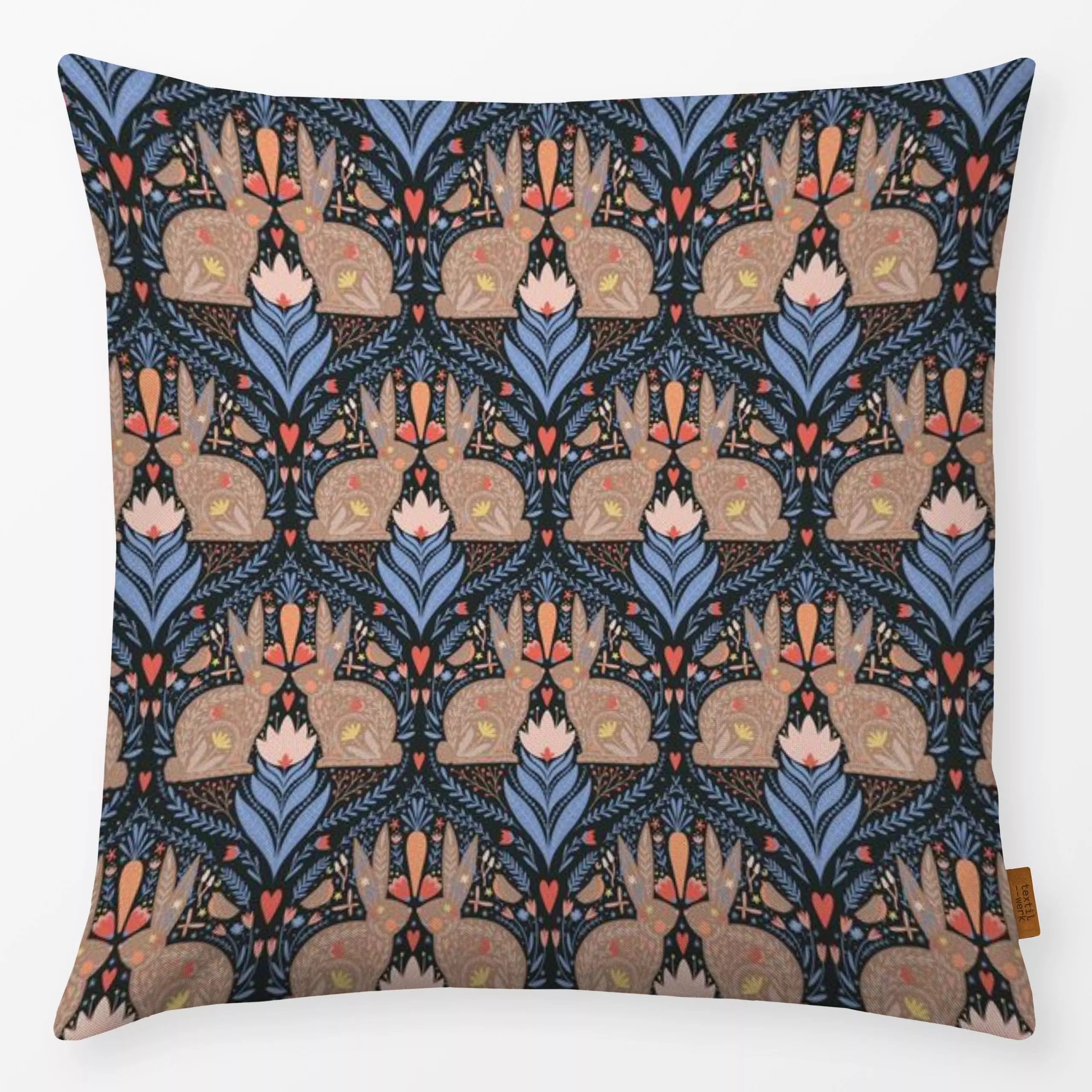 Kissen Folk Easter Bunny Schwarz Blau - Frühling, Tiere, Pflanzen & Botanik, Ostern - von „DEINKI"; Blumen, Vogel, Herzen, O...