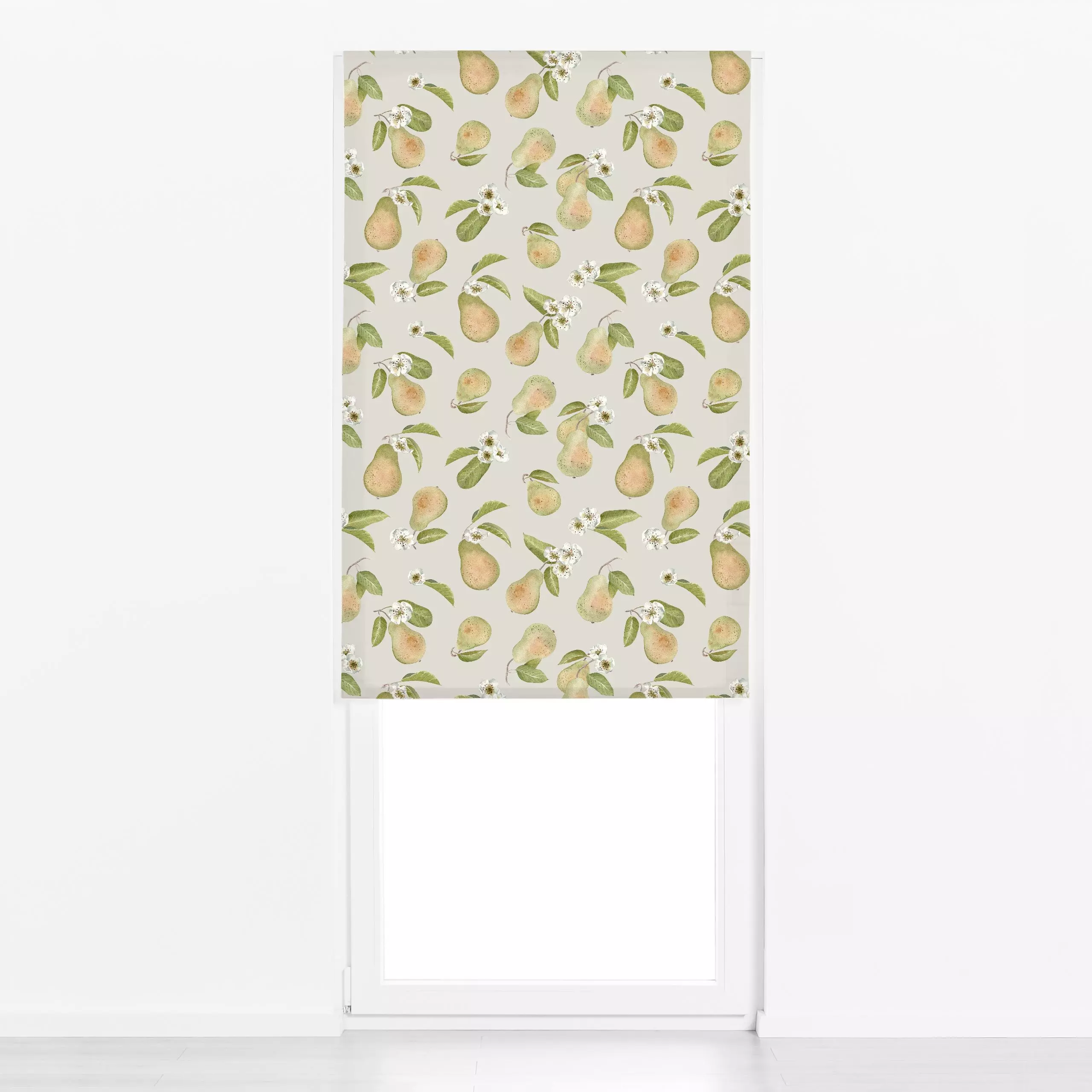 Raffrollo Birnen Blüte kühl beige - von „Katrin Graff"; Frucht, Obst, Birne, Ernte, herbstlich, cottage, Landleben, Erntedan...