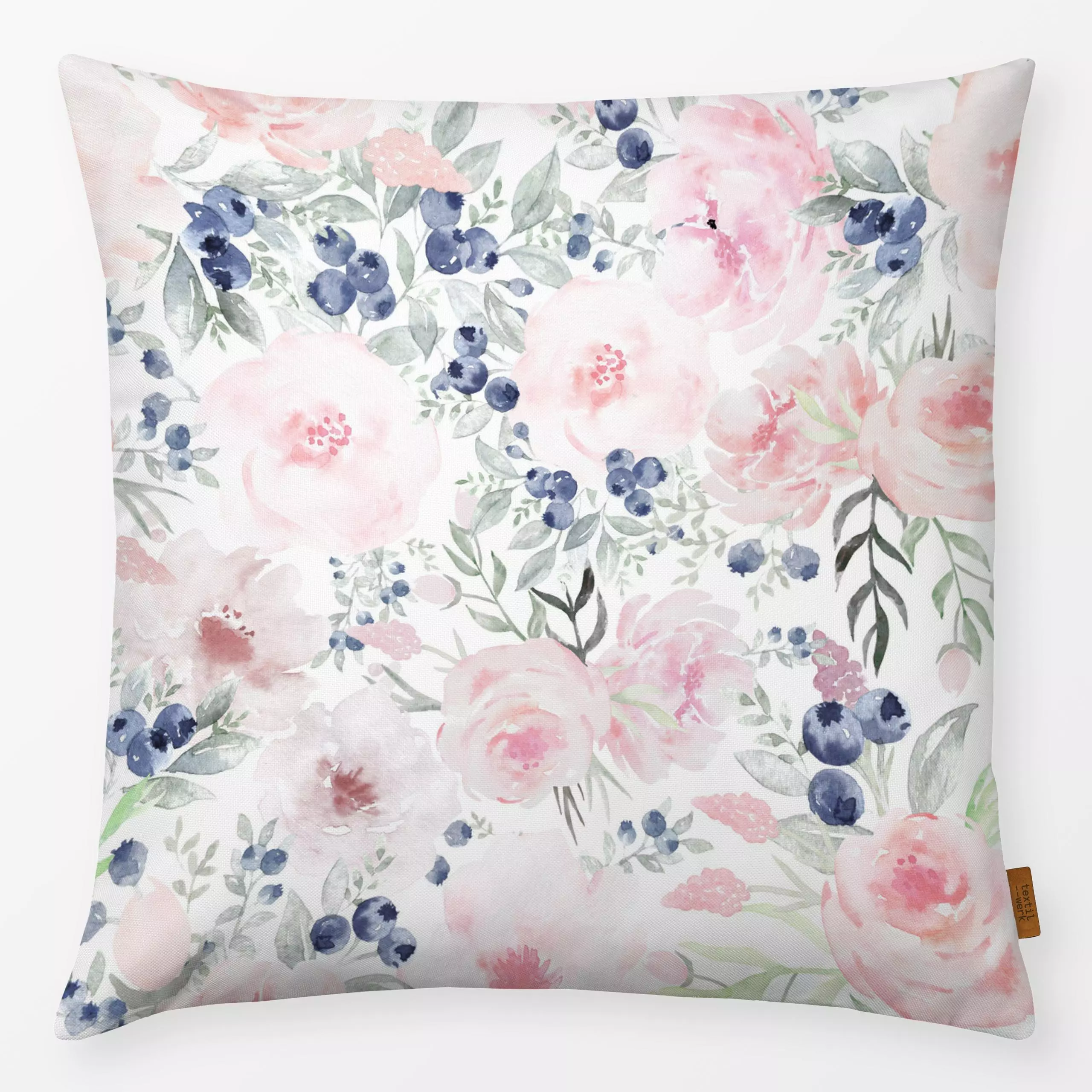 Kissen Blaubeeren und Rosen - Blumen & Florales - von „Uta Naumann"; boho, Wasserfarben, skandinavisch, Blumen, Rosen, Wald,...