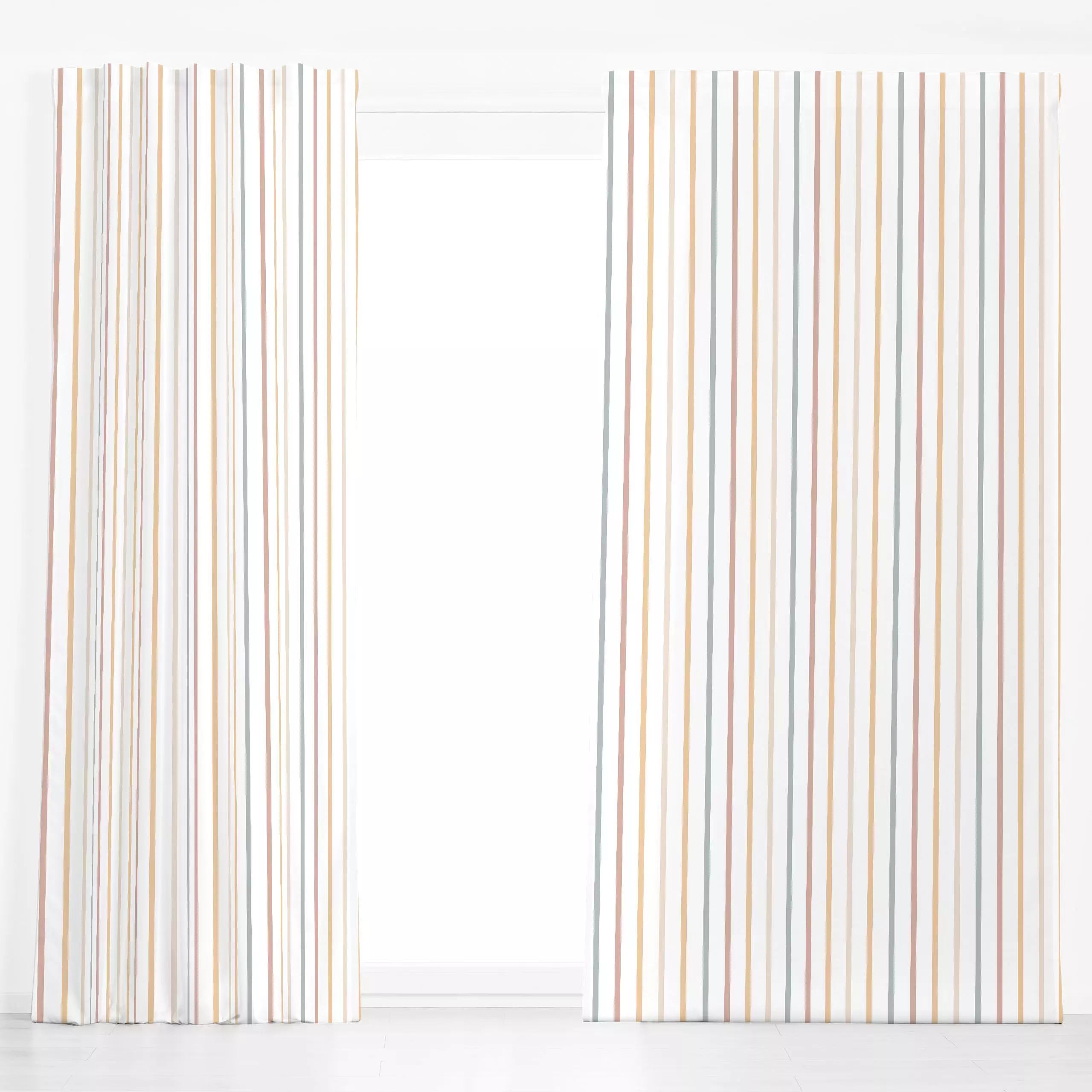 Dekovorhang Bunte dünne Streifen - Symbole & Muster - von „Sara Maria"; Streifen, Regenbogen, bunt, Nordisch, scandinavisch,...