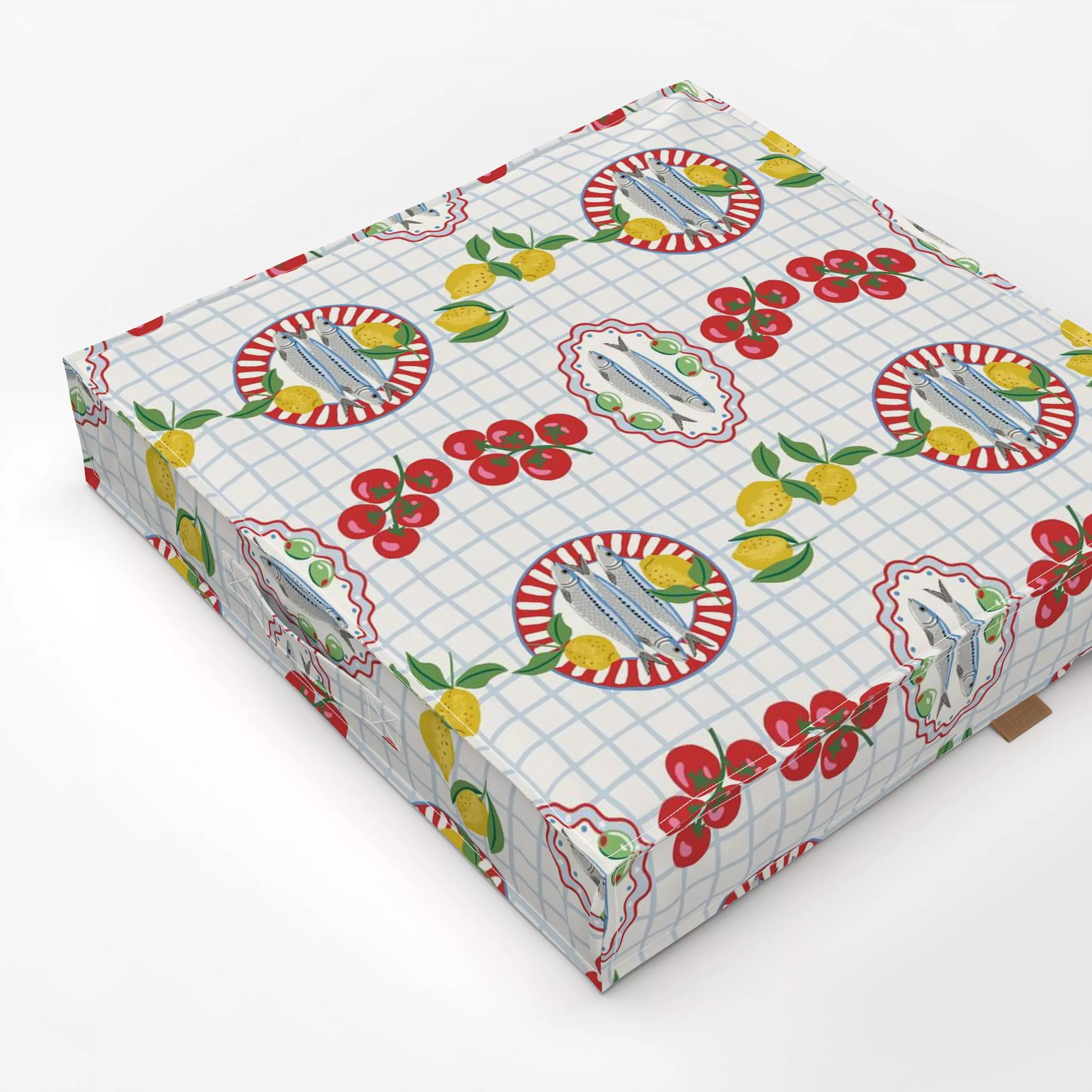 Bodenkissen Picknickmuster mit Sardinen - Herbst, Küche, Essen & Trinken, Gemüse - von „Vivian Hasenclever"; Zitrone, Tomate...