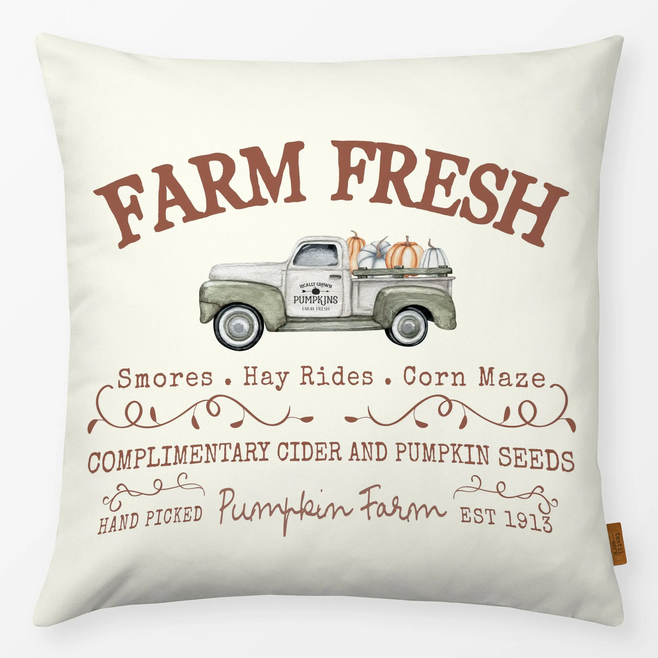 Kissen Kürbis Laster Farm Fresh Creme - Herbst, Sprüche & Schriftzüge - von „Monika Strigel"; landhaus, Spruchkissen, Monika...