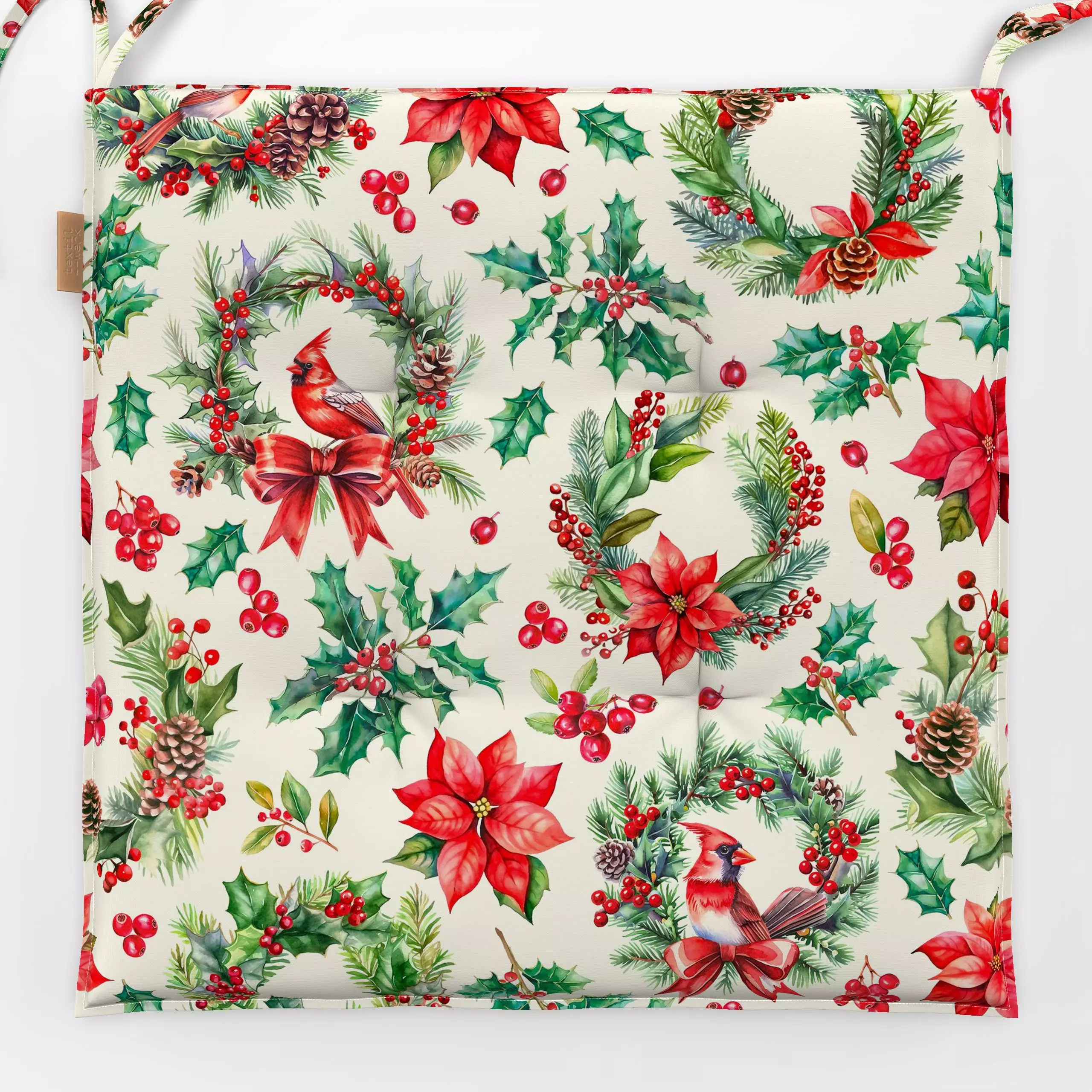 Sitzkissen Kardinal Nostalgie Weihnacht - Weihnachten - von „Andrea Haase"; Aquarell, Beeren, Hygge, Vogel, floral, weihnach...