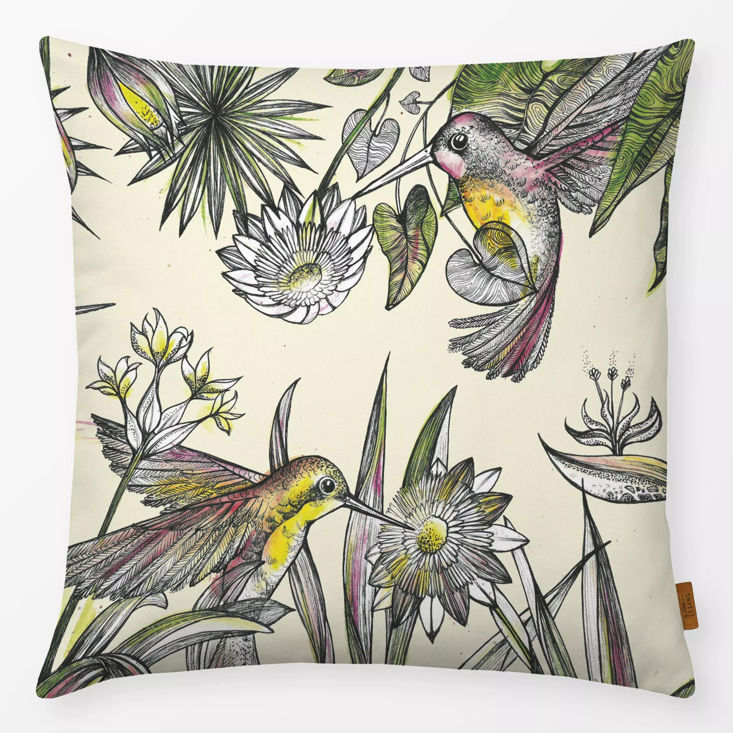Kissen Kolibris Dschungel - Tiere - von „LIGARTI Tiermanufaktur"; Illustration, Blätter, Wald, Dschungle, Vogel, dschungel, ...