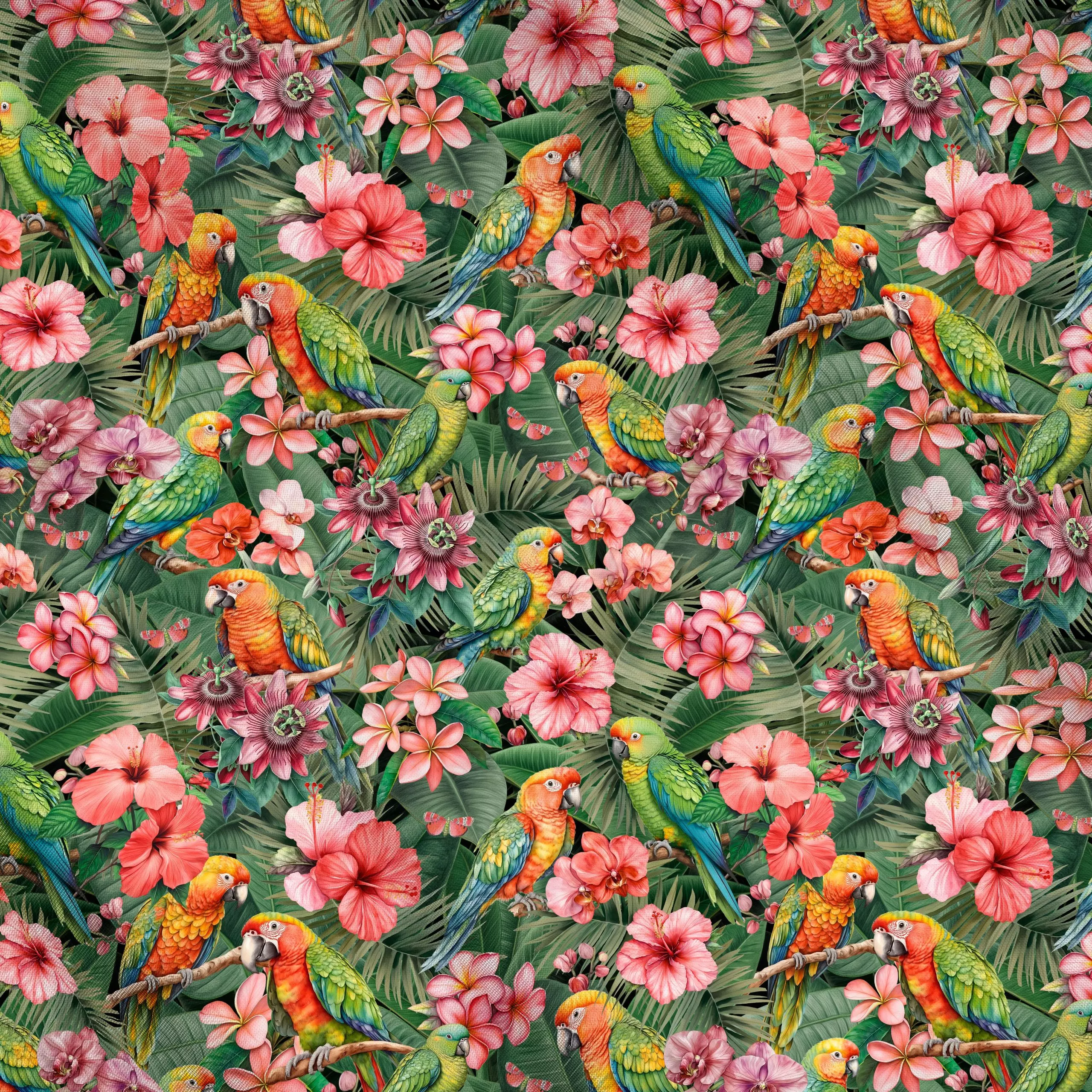 Meterware Parrots Paradise - Blumen & Florales, Pflanzen & Botanik - von „Andrea Haase"; Palmen, Vogel, Papagei, Sommer, exo...