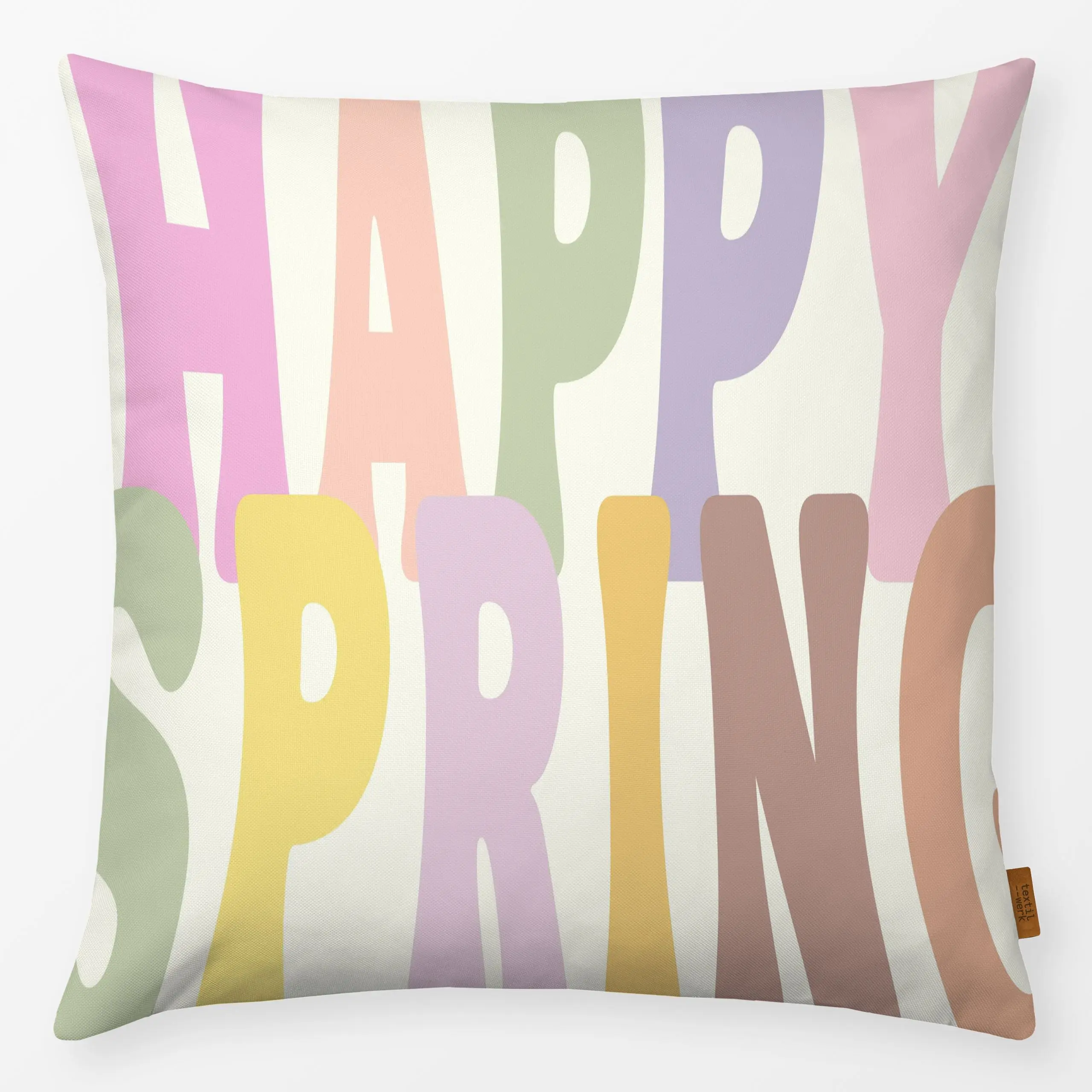 Kissen Happy Spring Text Spruch - Frühling - von „Monika Strigel"; rosa, gelb, pastel, lila, Fruehling, Happy, MonikaStrigel...
