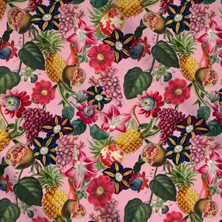 Meterware Tropenblüten & Früchte pink