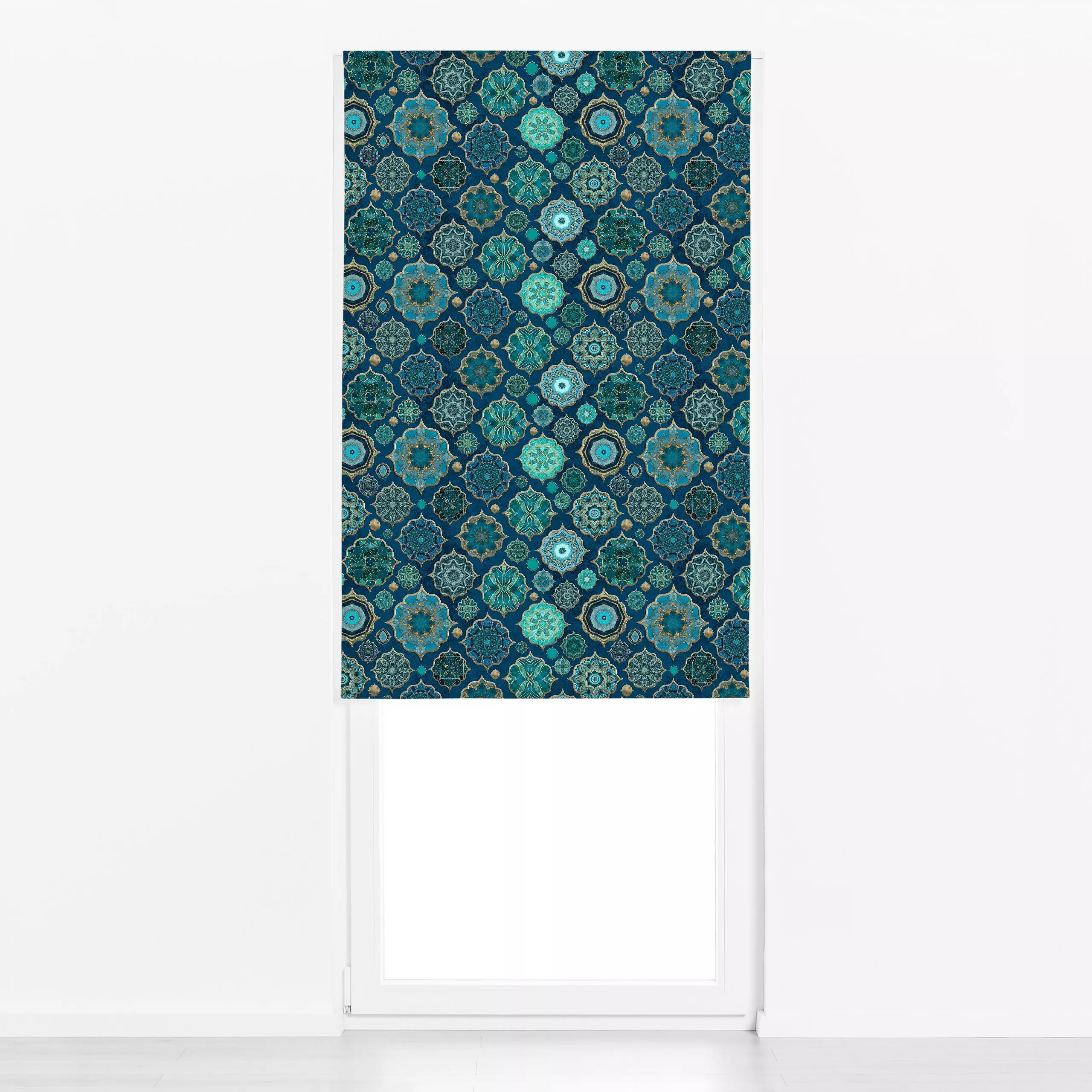 Raffrollo Moroccan Tiles Teal Gold - Symbole & Muster, Retro & Vintage - von „Andrea Haase"; boho, vintage, mediterran, Orna...