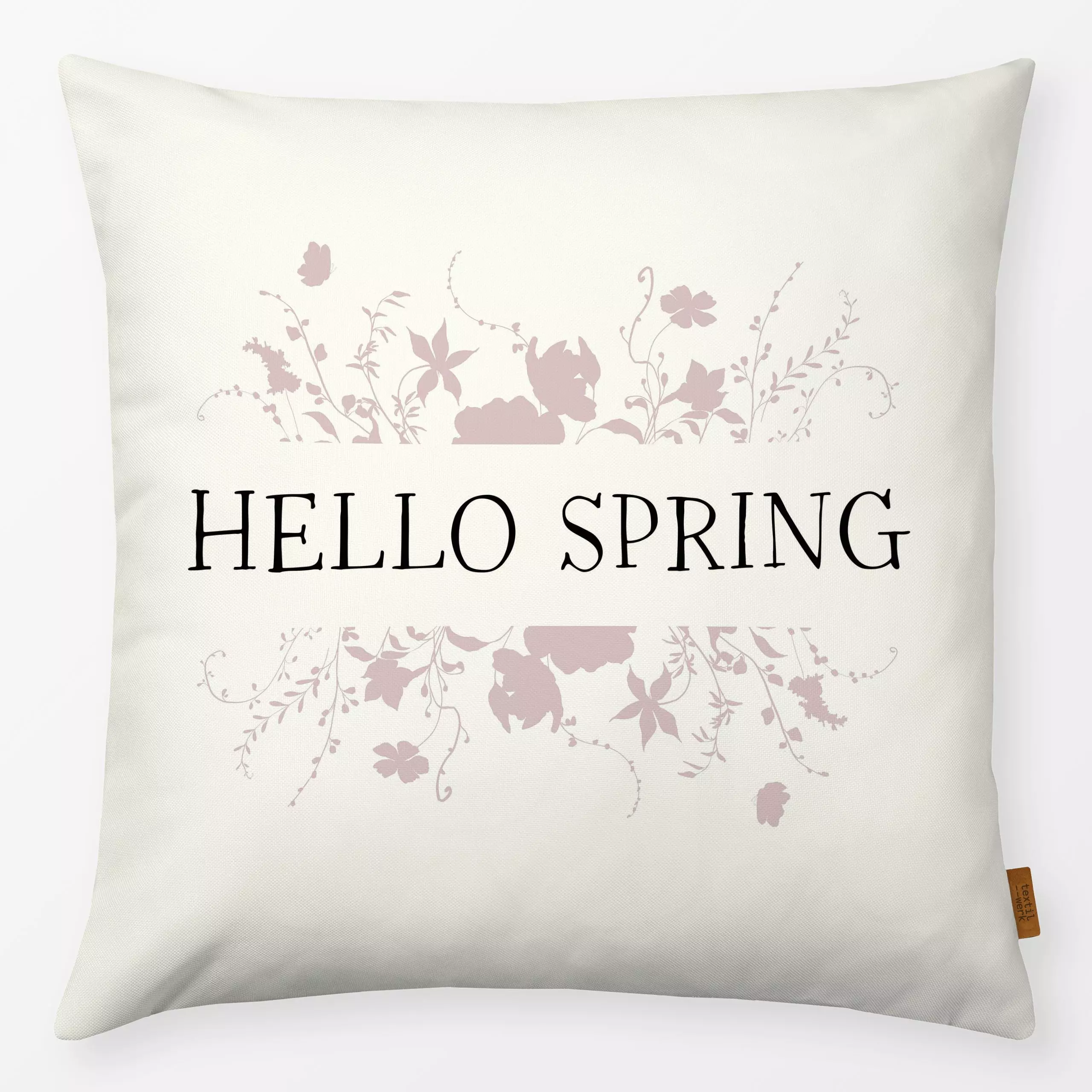Kissen Hello Spring Beige Blumen - Frühling, Sprüche & Schriftzüge, Ostern - von „Monika Strigel"; minimal, altrosa, beige, ...