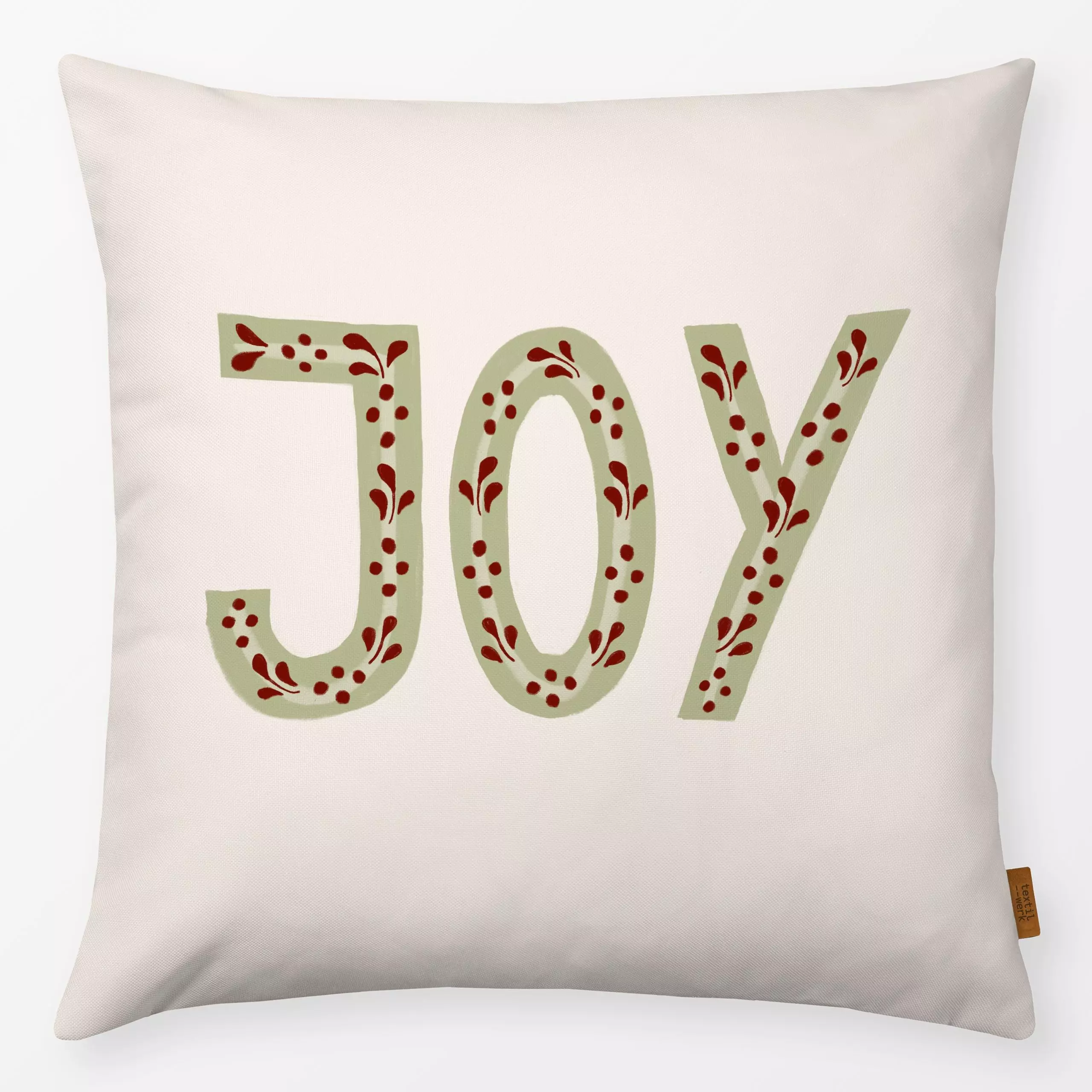 Kissen Joy Folklore Grün Beige - Sprüche & Schriftzüge, Weihnachten - von „Sophie Augustin Illustration"; Weihnachten, typog...