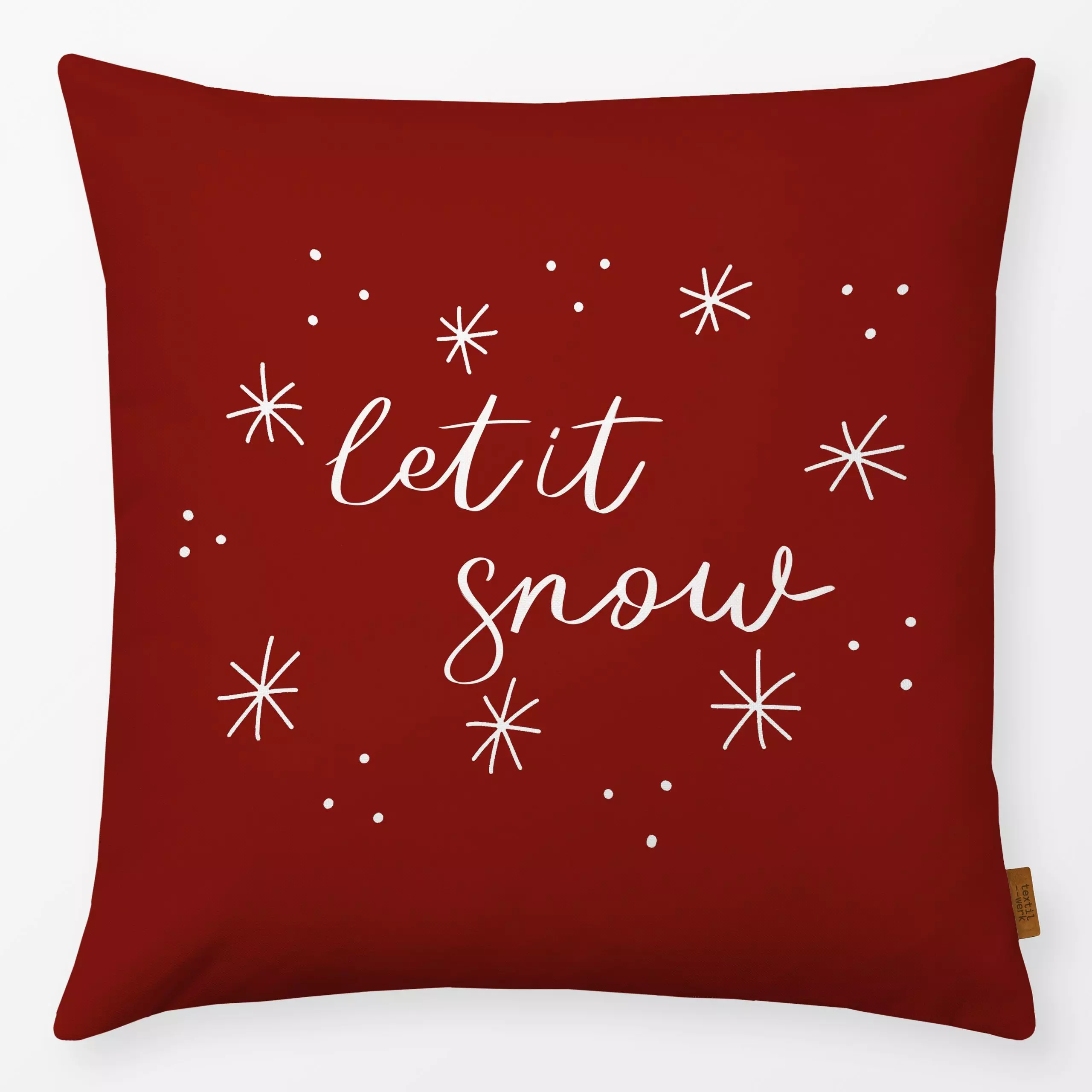Kissen Let It Snow rot - Sprüche & Schriftzüge, Weihnachten - von „Studio Kesse"; Schneeglöckchen, Schneeflocken, Weihnachts...