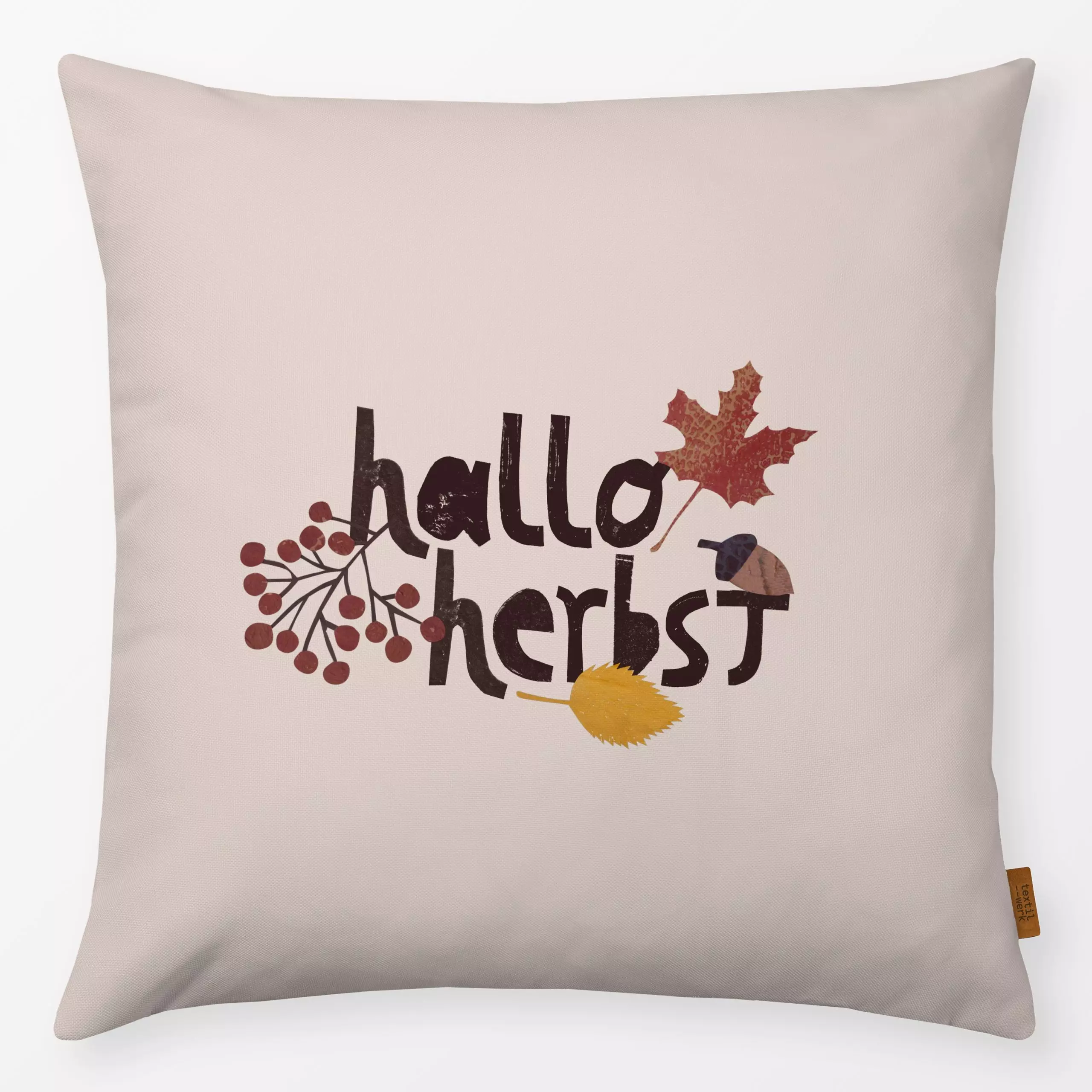 Kissen Hallo Herbst - Herbst, Sprüche & Schriftzüge - von „Kerstin Ax"; Blätter, Beeren, typografie, Herbst, rot, gelb, Eich...
