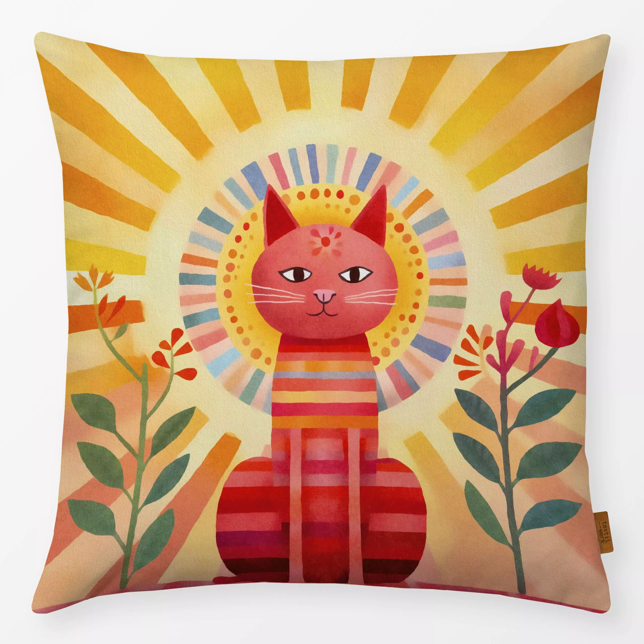 Kissen Happy Cat - Tiere - von „Andrea Haase"; Sommerblumen, Sonnenaufgang, niedlich, Sommer, Lustig, bunt, Katzen, Haustier...