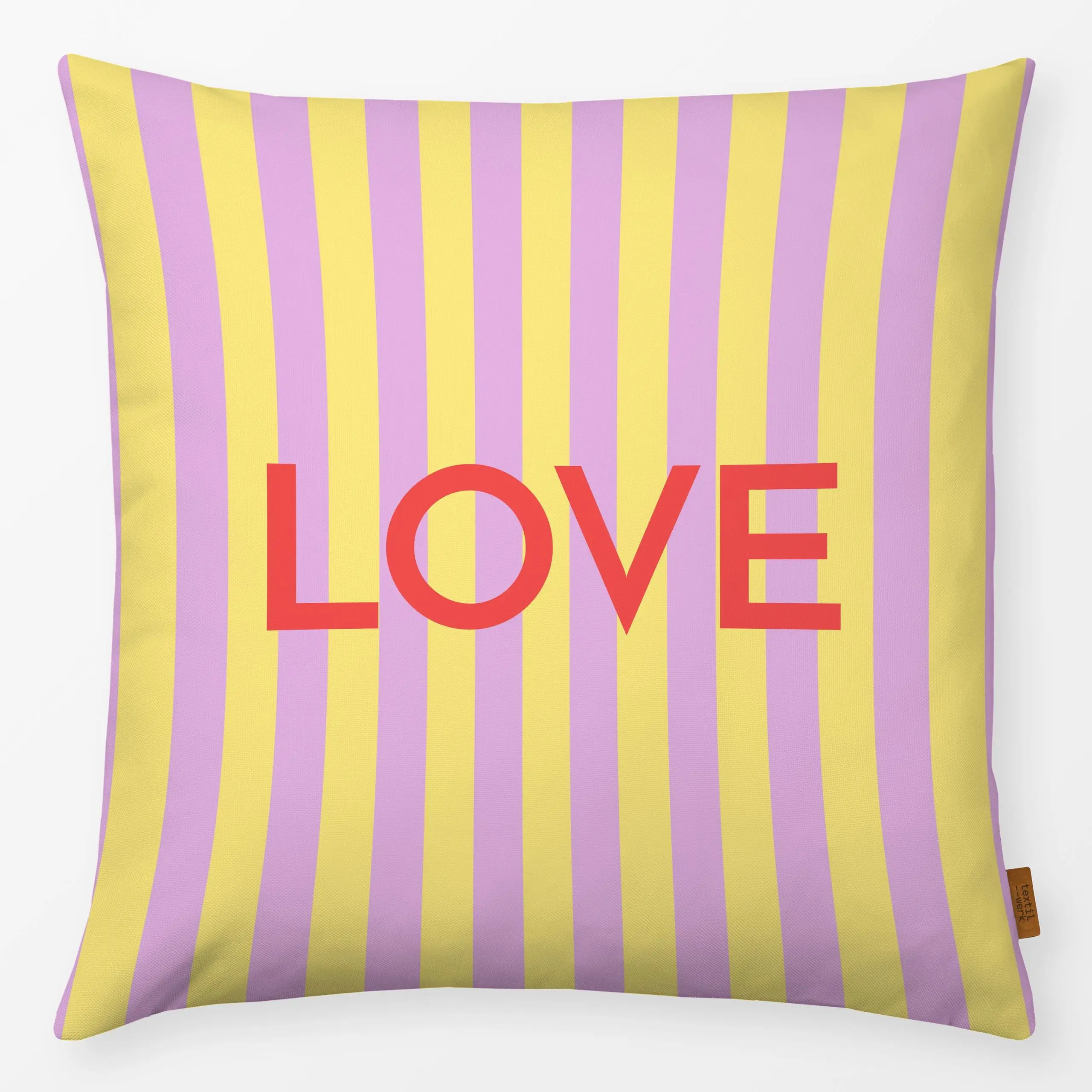 Kissen LOVE COLORFUL RED - Liebe, Romantik & Pride, Sprüche & Schriftzüge - von „Jana Moßmann"; Streifen, Love, Liebeszitate...