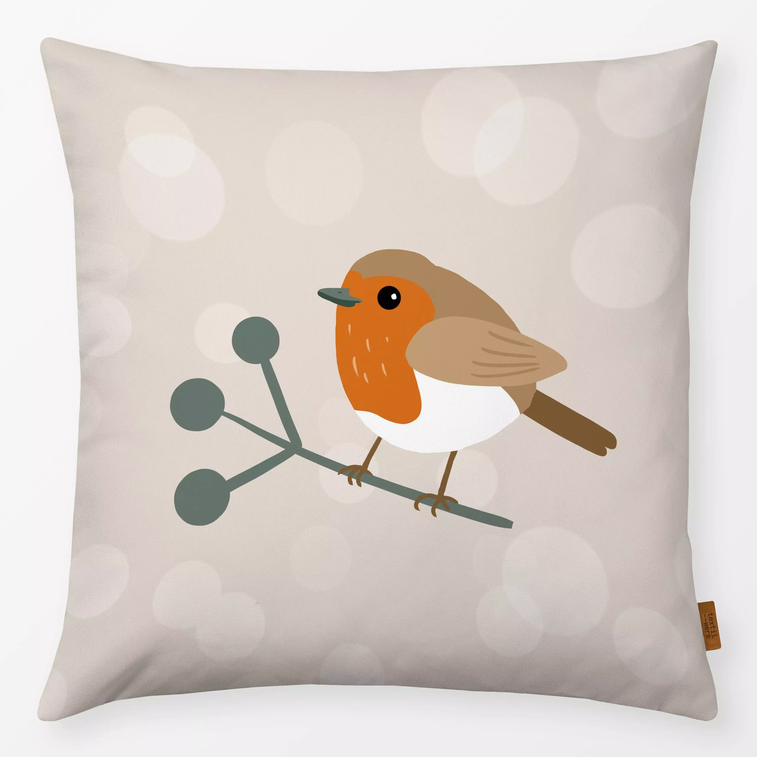 Kissen Rotkehlchen mit Zweig - Tiere, Winter - von „Julia Reyelt"; Zweig, Garten, Vogel, Rotkehlchen, niedlich, Schnee, Bohe...