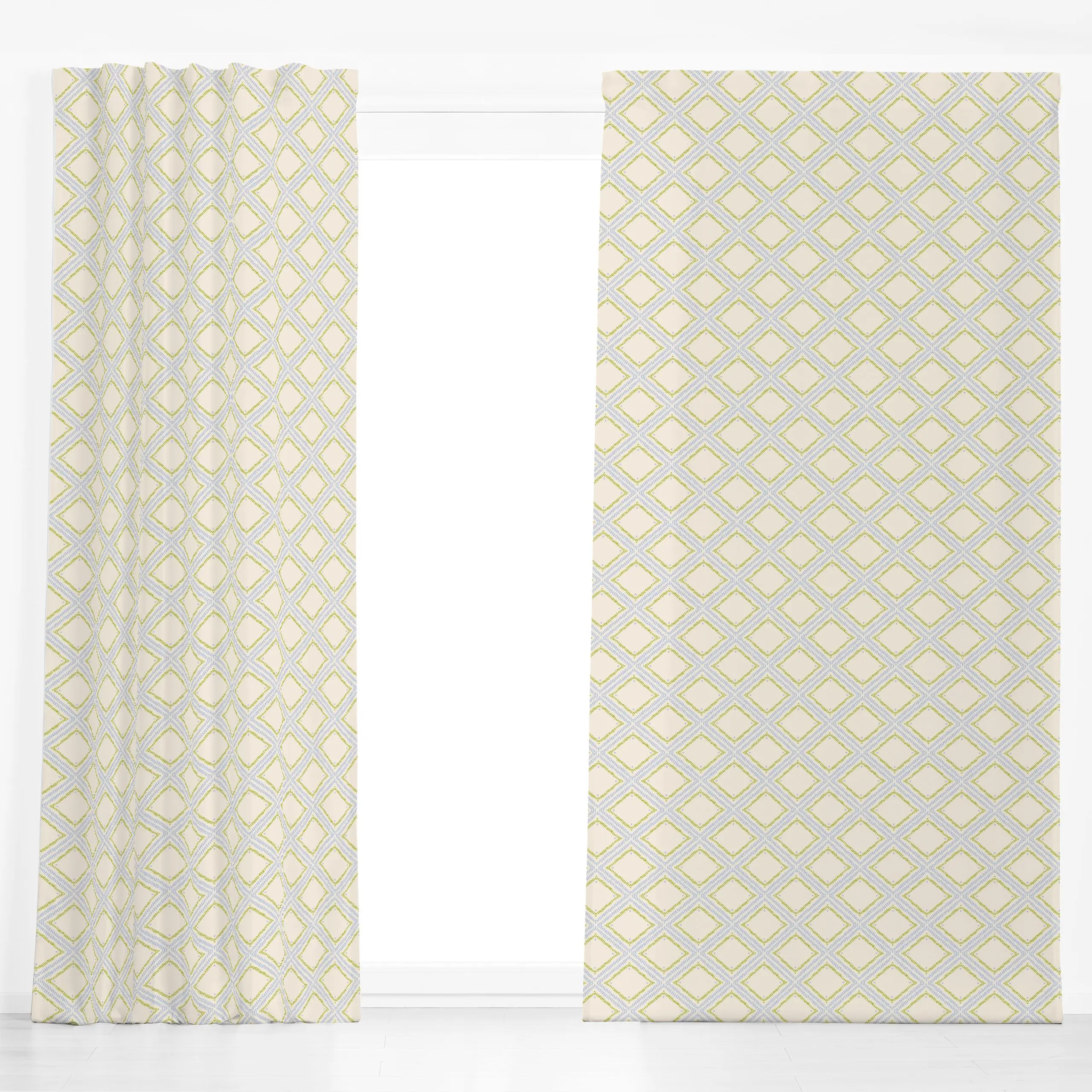 Dekovorhang Dashed Diamond blue - Sommer - von „Patries Elisabeth"; Sommer, mediterran, blue, tiles, gruen, Rautenmuster, Fl...