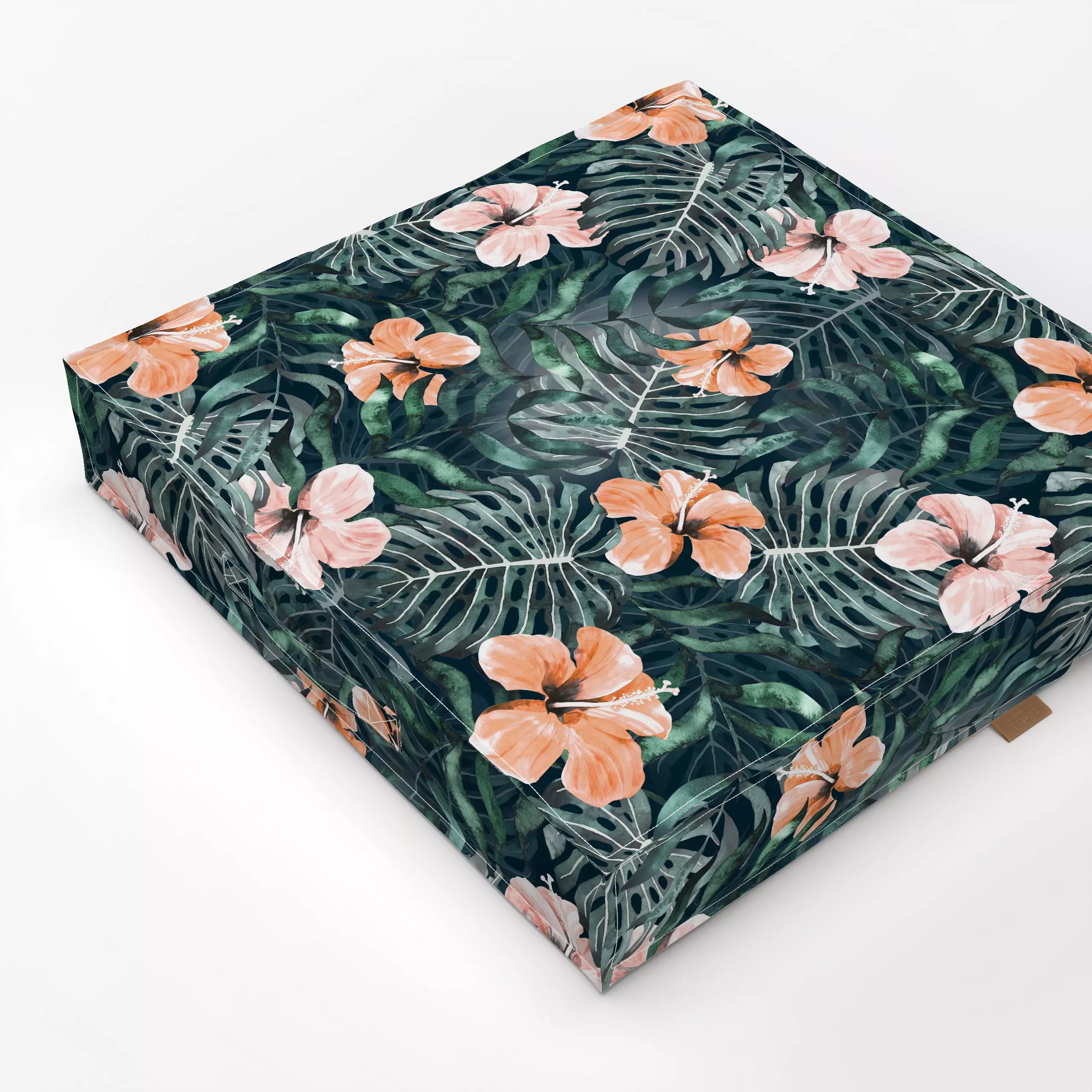 Bodenkissen Tropical Hibiscus Orange - Blumen & Florales, Sommer, Pflanzen & Botanik - von „Karen Menzenbach"; Aquarell, Blä...