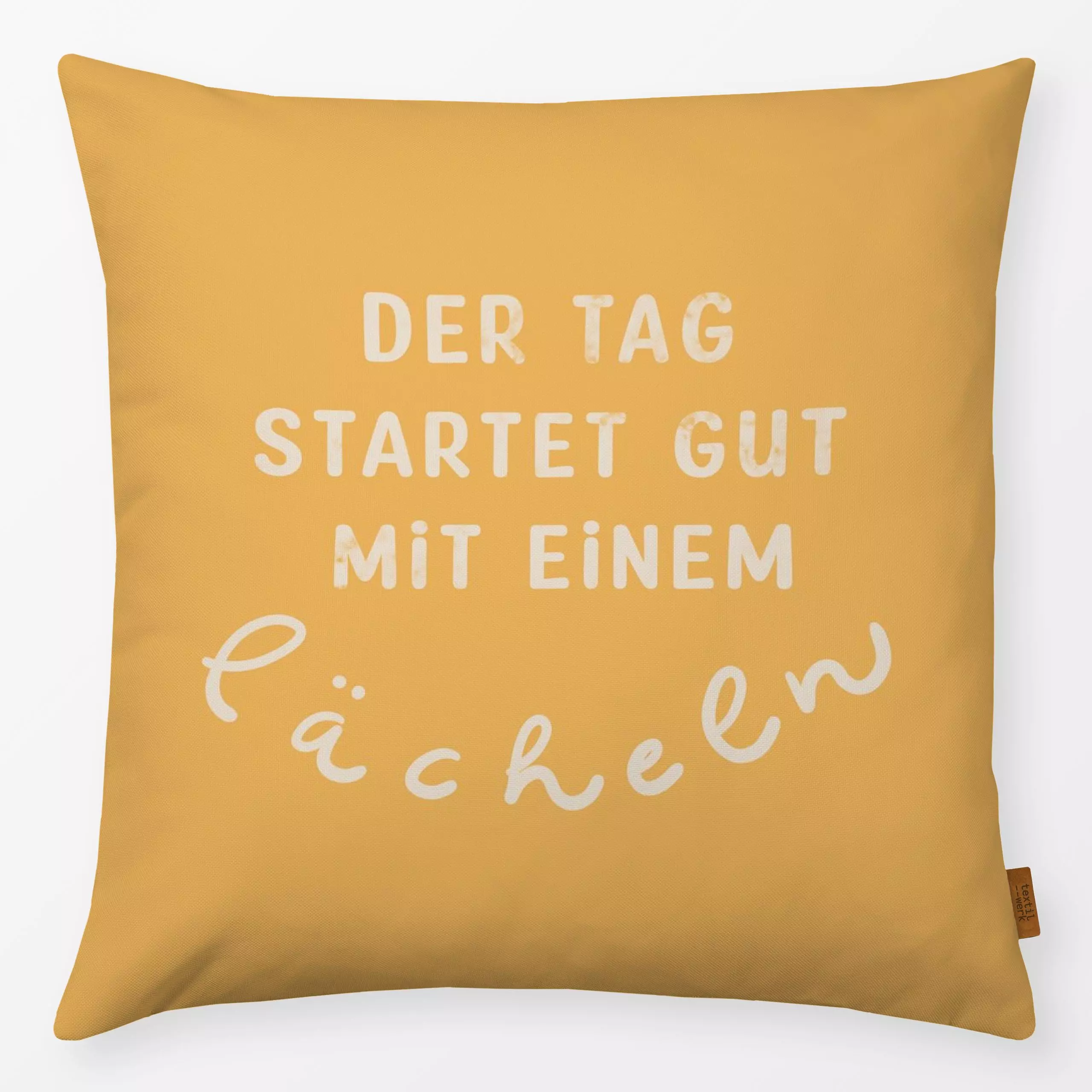 Kissen Guter Start in den Tag gelb - Sprüche & Schriftzüge - von „Julia Reyelt"; typografie, Freude, Lebensfreude, selflove,...