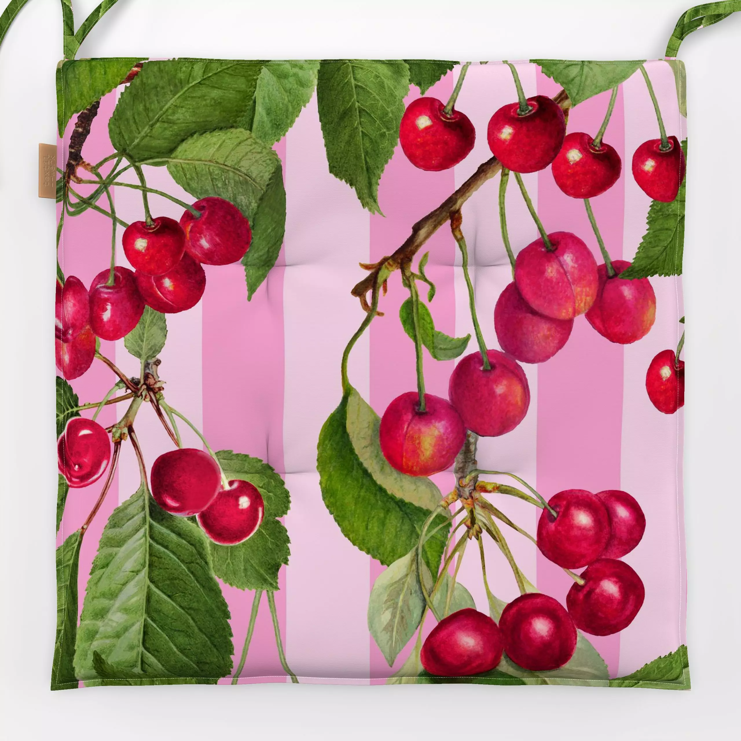 Sitzkissen Summer Cherries Pink - Sommer, Pflanzen & Botanik, Früchte - von „Andrea Haase"; Obst, Streifen, Kirschen, vintag...