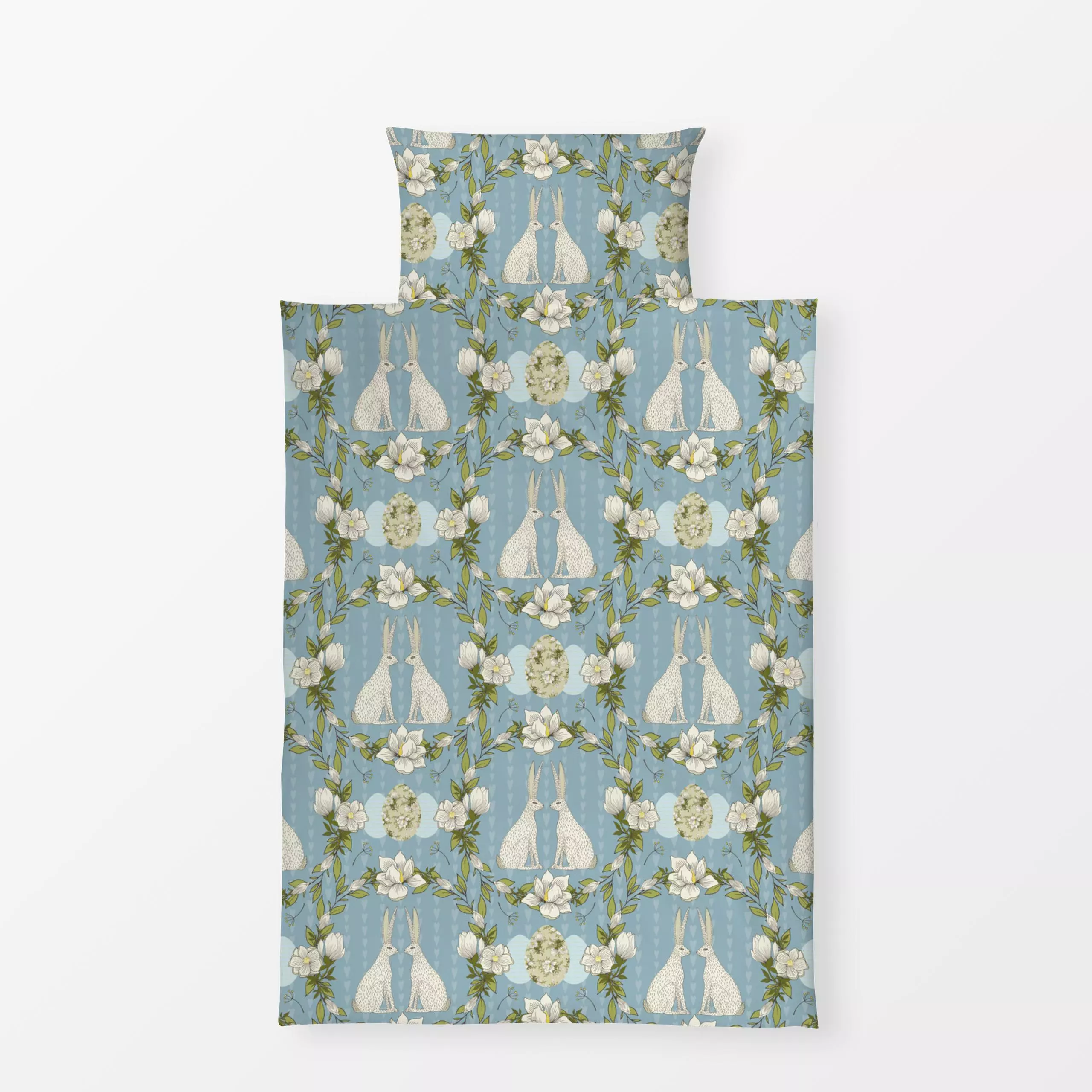 Bettwäsche Osterhasen Damask - Frühling - von „DEINKI Studio"; Blätter, Hase, Ostern, Osterhase, hellblau, feldhase, damask,...
