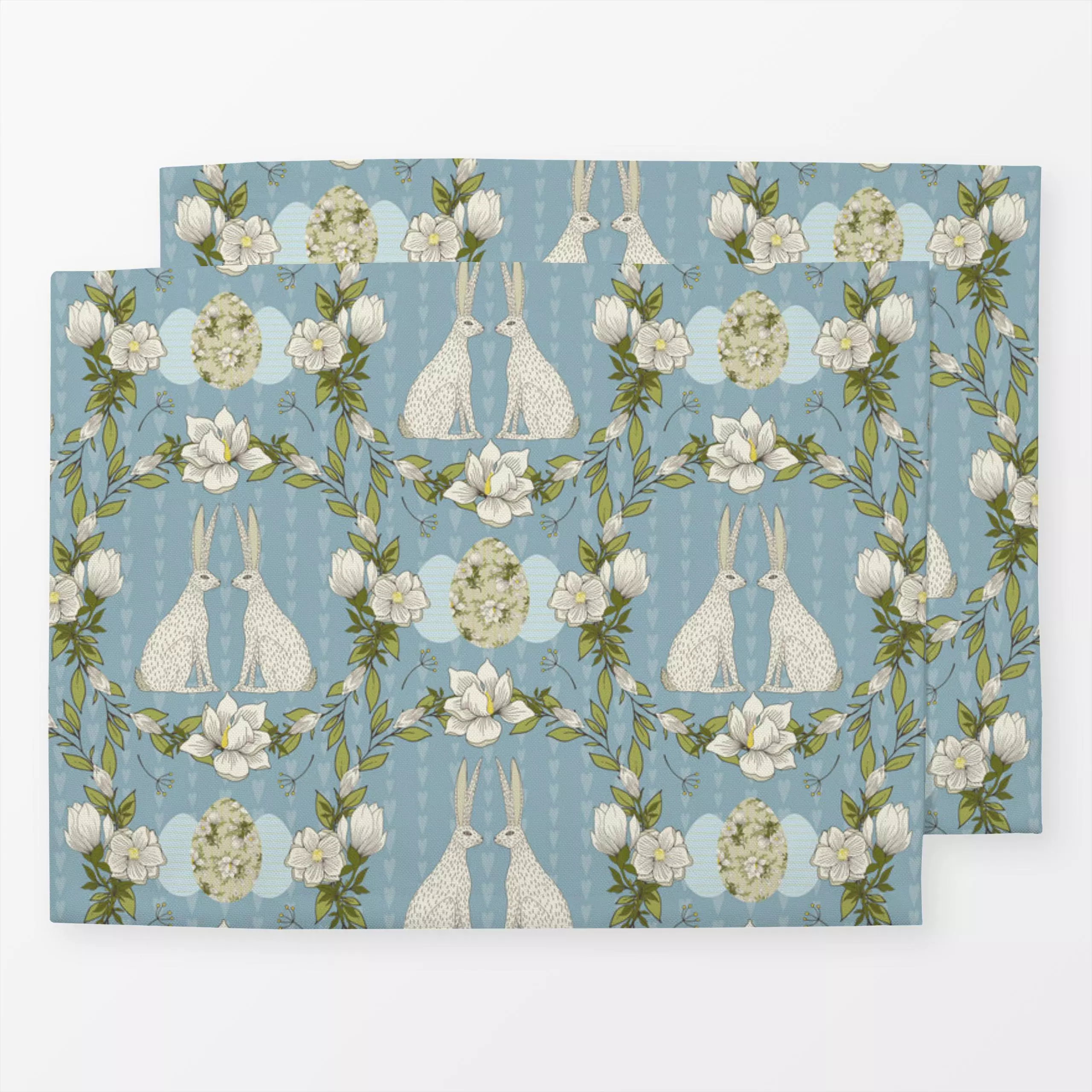 Tischset Osterhasen Damask - Frühling - von „DEINKI"; Blätter, Hase, Ostern, Osterhase, hellblau, feldhase, damask, Ostereie...
