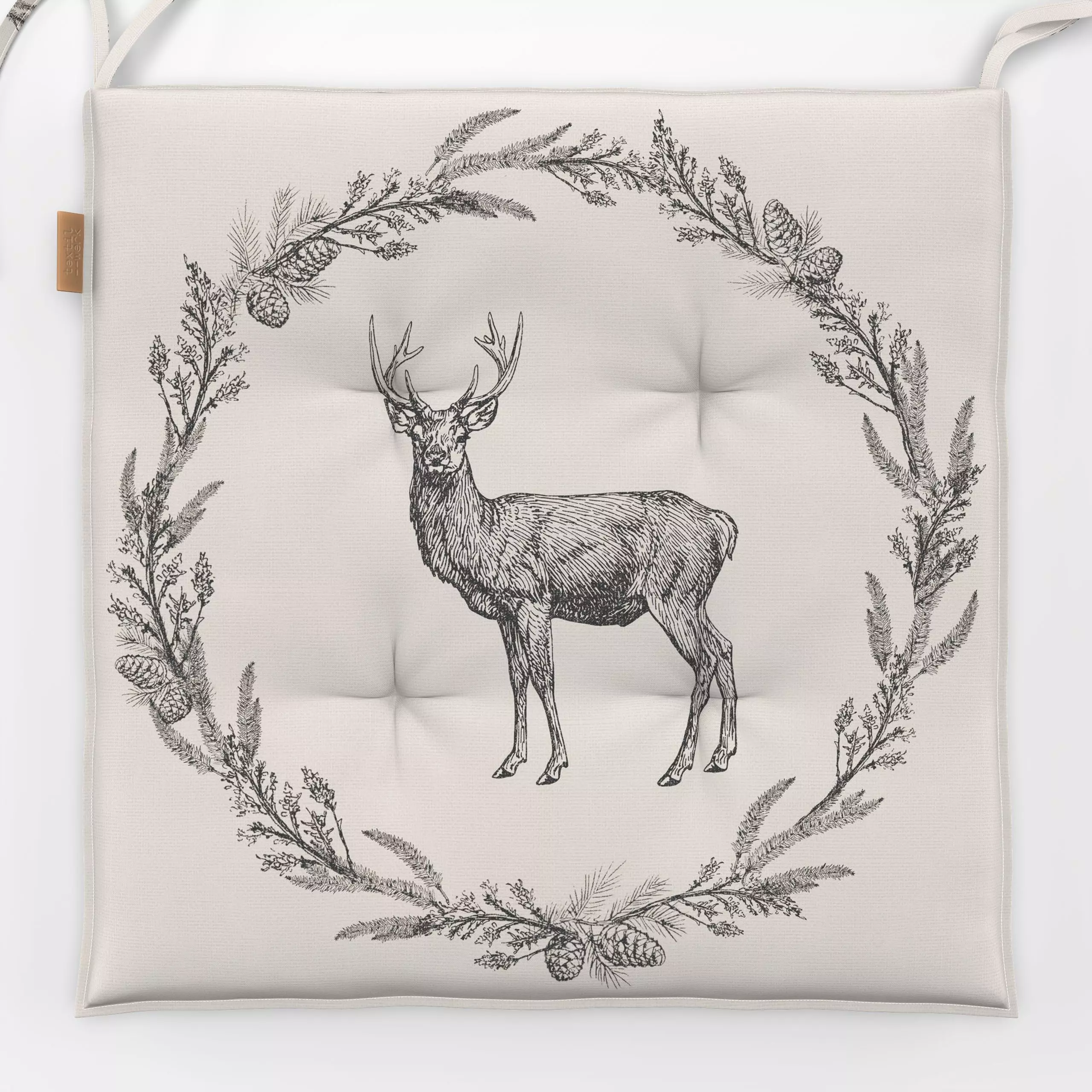 Sitzkissen Nordic Deer wreath III - Weihnachten, Pflanzen & Botanik - von „Bloomery Decor"; Tannenzapfen, Hirsch, weihnachts...