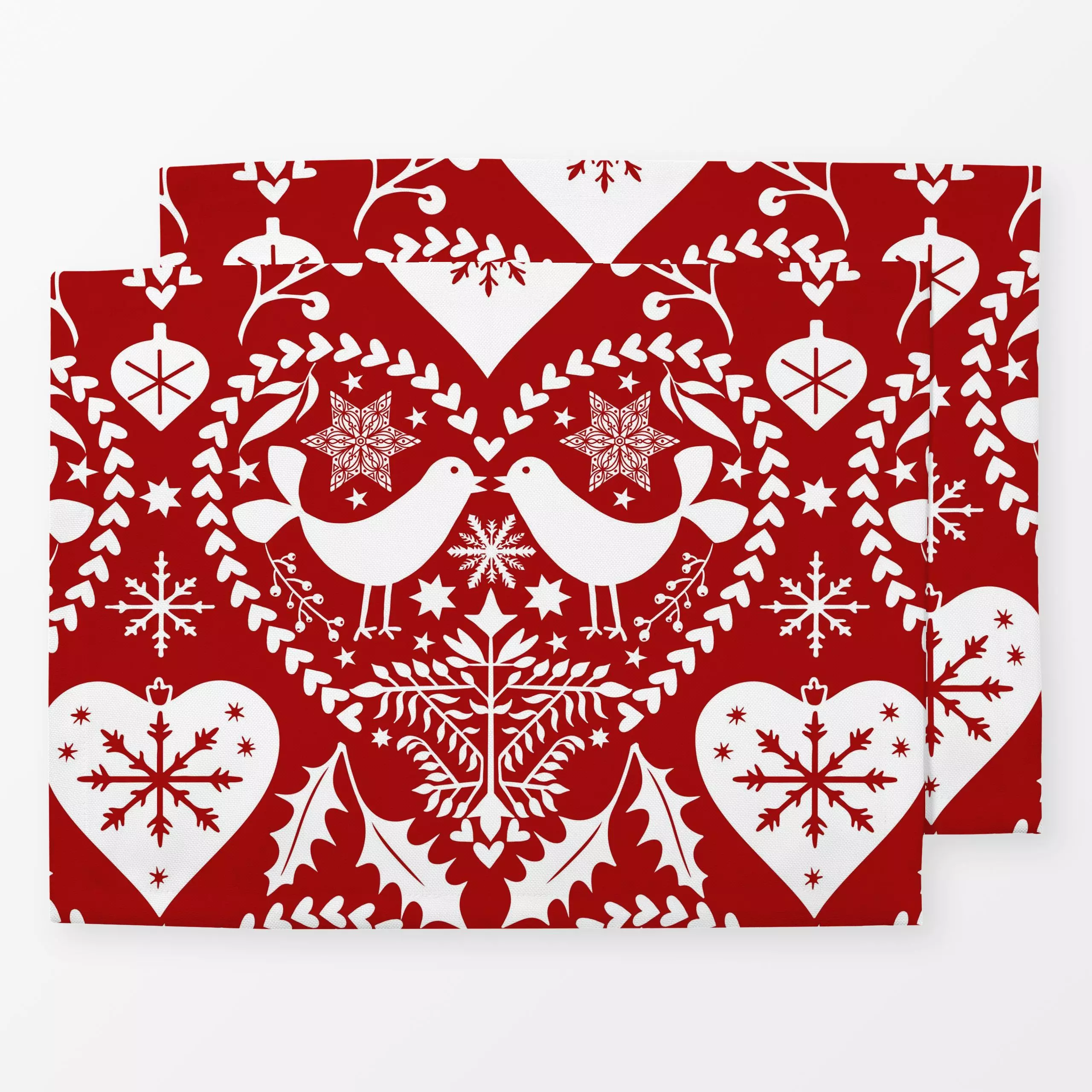 Tischset Nordic Noel White Red - Weihnachten - von „Andrea Haase"; skandinavisch, Hygge, Vogel, Herzen, weihnachtlich, Nordi...