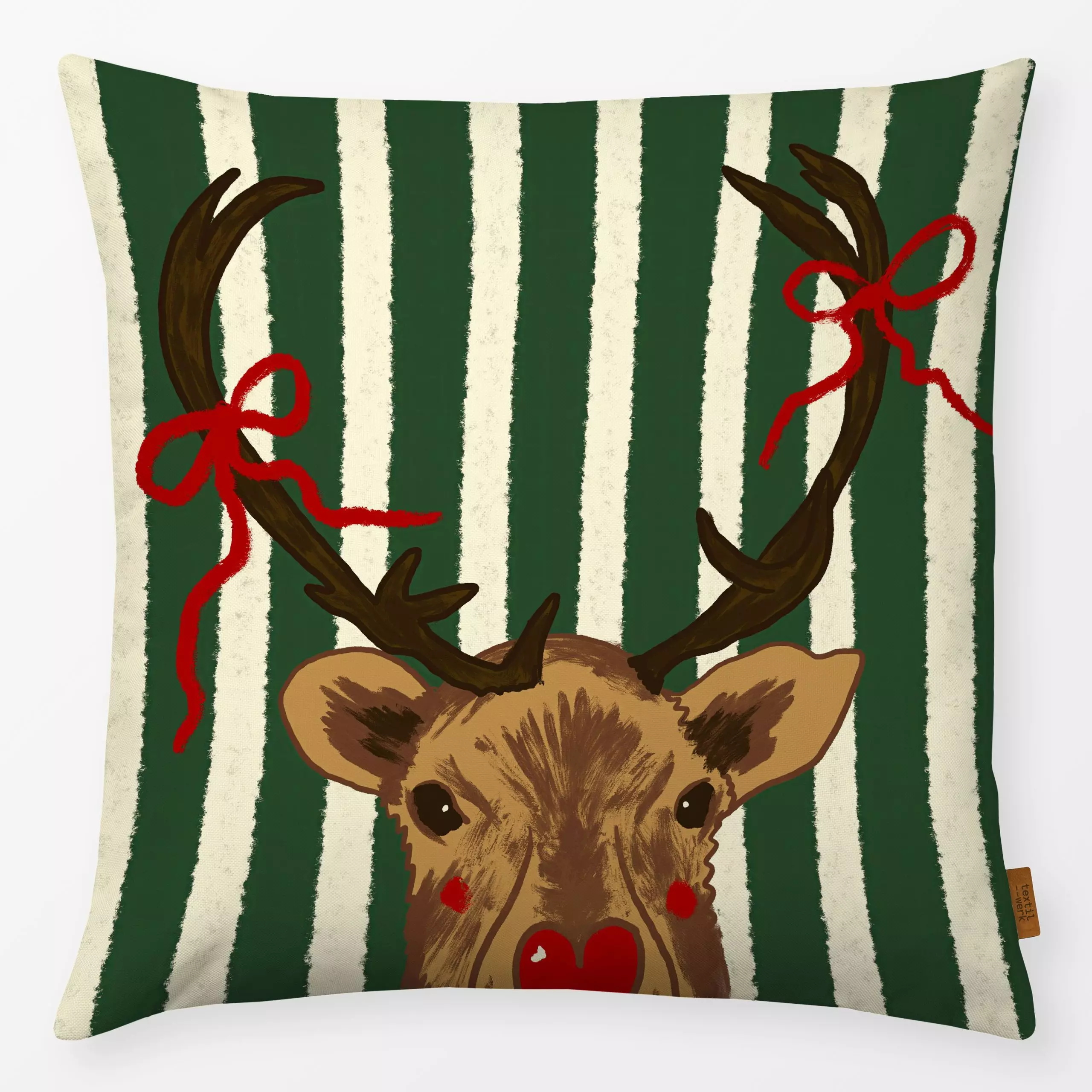 Kissen Rentier gestreift grün rot - Tiere, Weihnachten - von „Studio Dolci"; Streifen, Rentier, Weihnachten, Lustig, Weihnac...