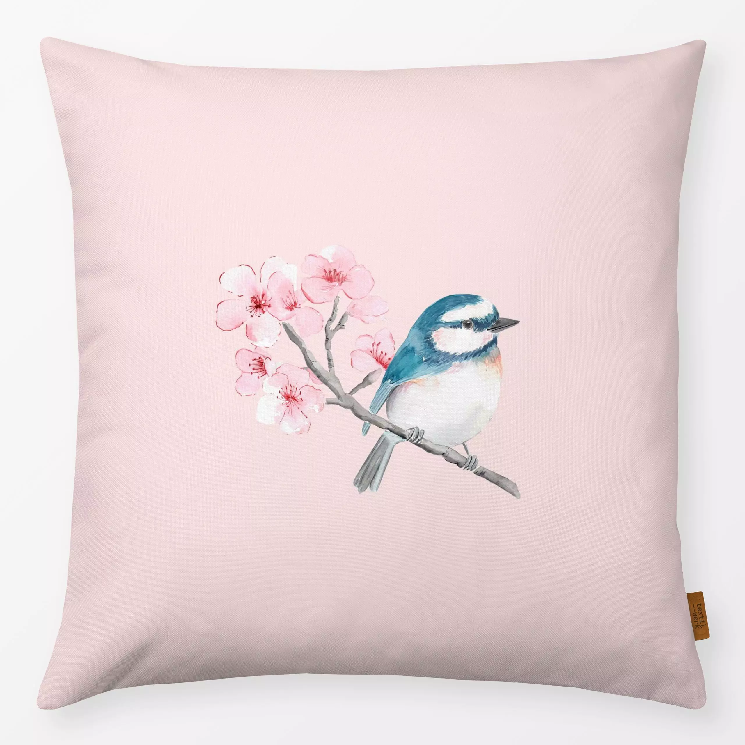 Kissen Vogel auf Zweig rosa - Blumen & Florales, Frühling, Tiere, Ostern - von „Katrin Graff"; Blumen, Eisvogel, Pastell, ro...