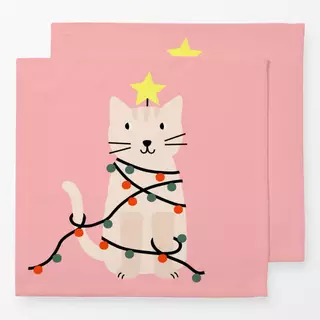 Servietten Katze mit Lichterkette rosa