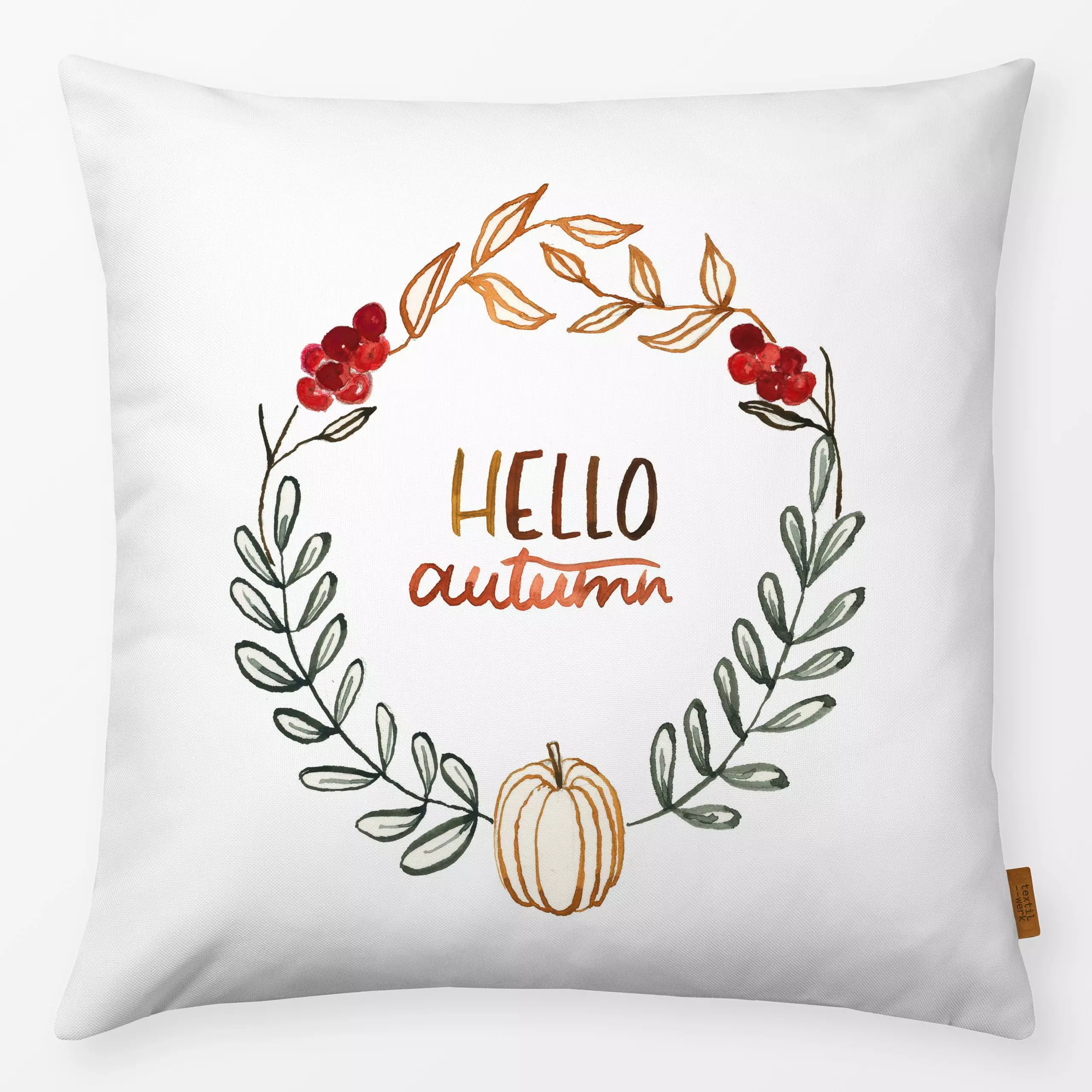 Kissen Cosy Autumn Wreath white - Blumen & Florales, Herbst - von „Lena Yokota“; Herbst, kranz, Lettering, lenayokota, hello...