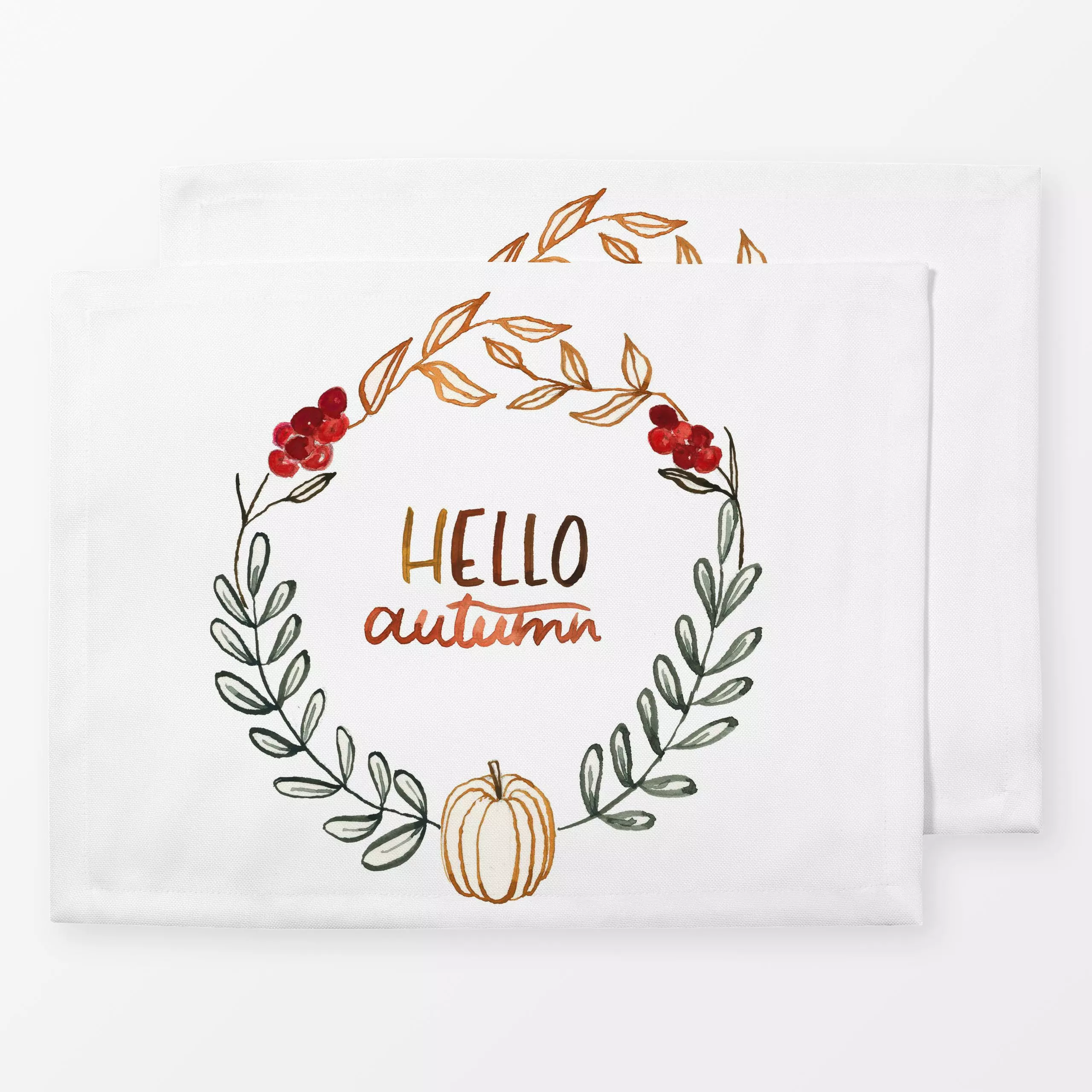 Tischset Cosy Autumn Wreath white - Blumen & Florales, Herbst - von „Lena Yokota"; Herbst, kranz, Lettering, lenayokota, hel...