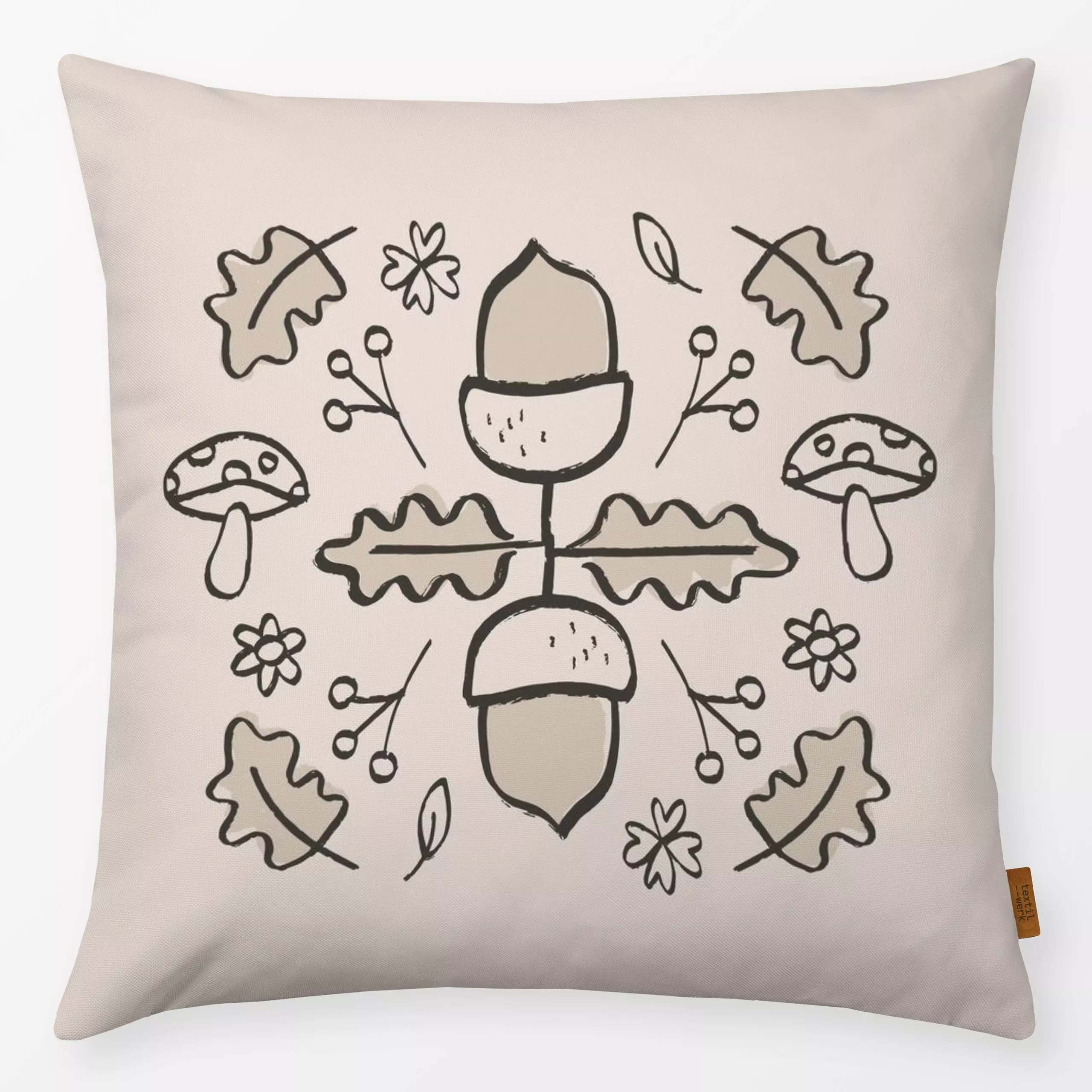 Kissen Eichel Herbst Beige Schwarz - Natur & Landschaft - von „Kruth Design"; Blätter, Herbst, Herbstdeko, Eicheln, pilze, F...
