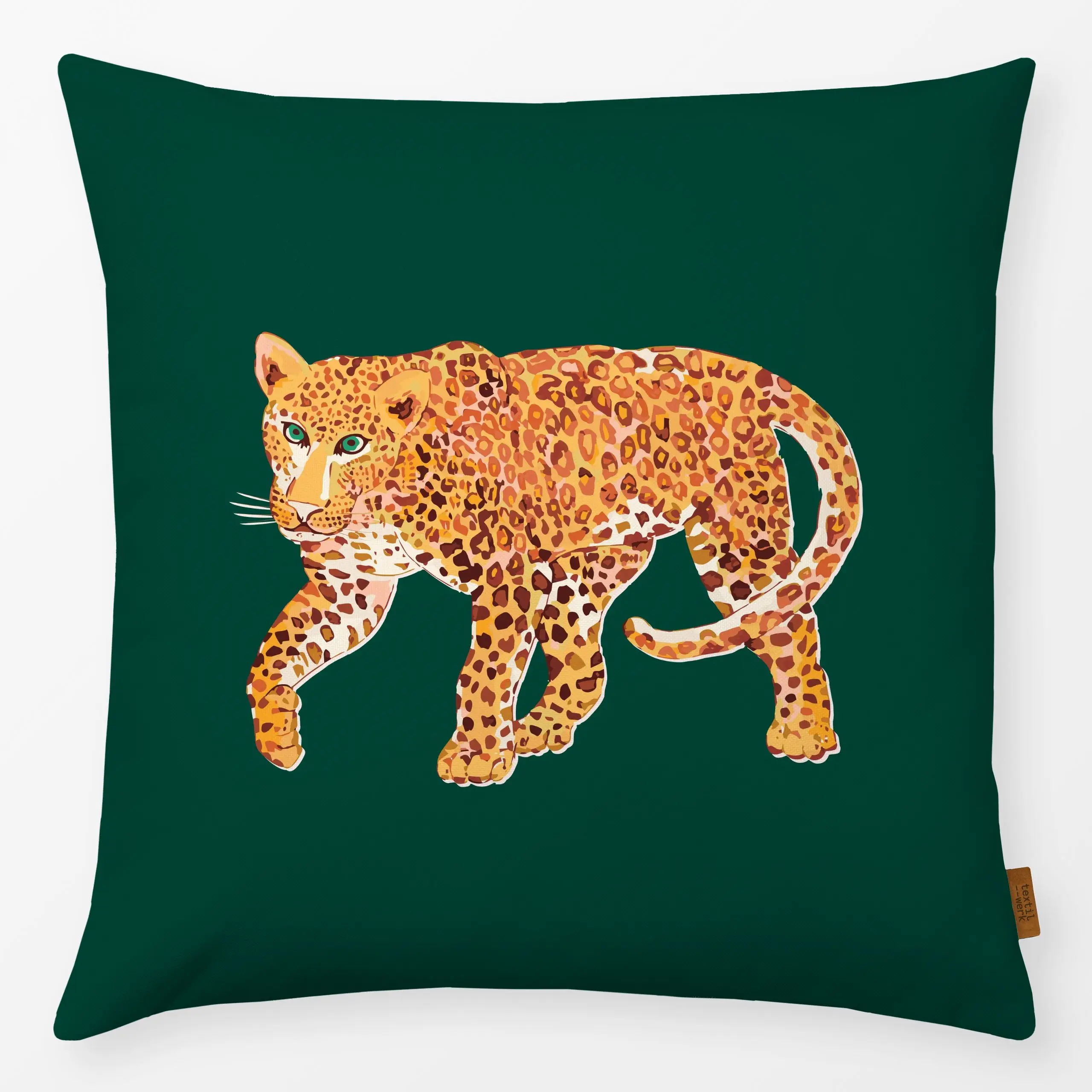 Kissen Jungle Leopard emerald - Sommer, Tiere, Safari & Dschungel - von „Karen Menzenbach"; Kinder, Travel, Tiere, tropical,...