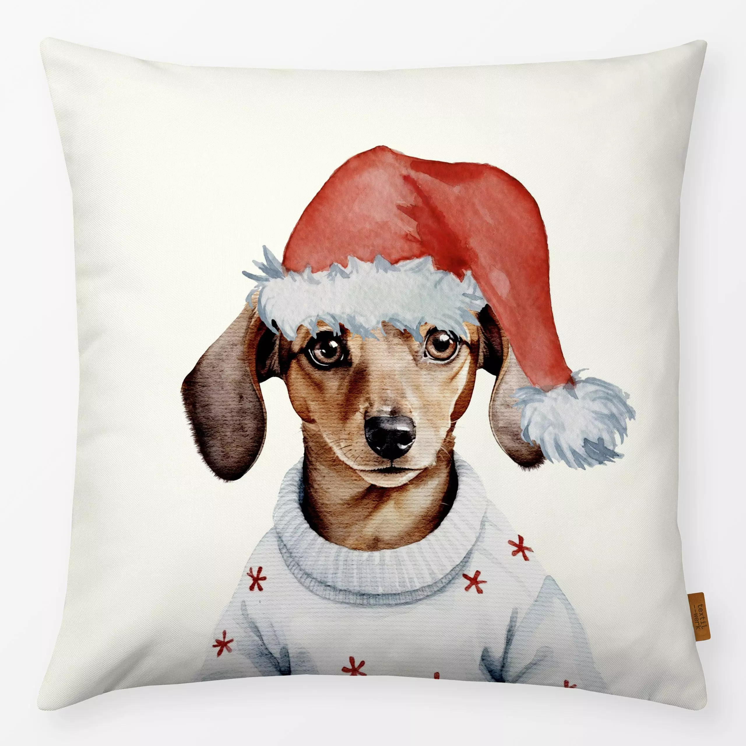 Kissen Winter Party - Santa Dackel - Tiere, Weihnachten - von „Monika Strigel"; Hund, Weihnachten, Lustig, Winter, party, Mo...